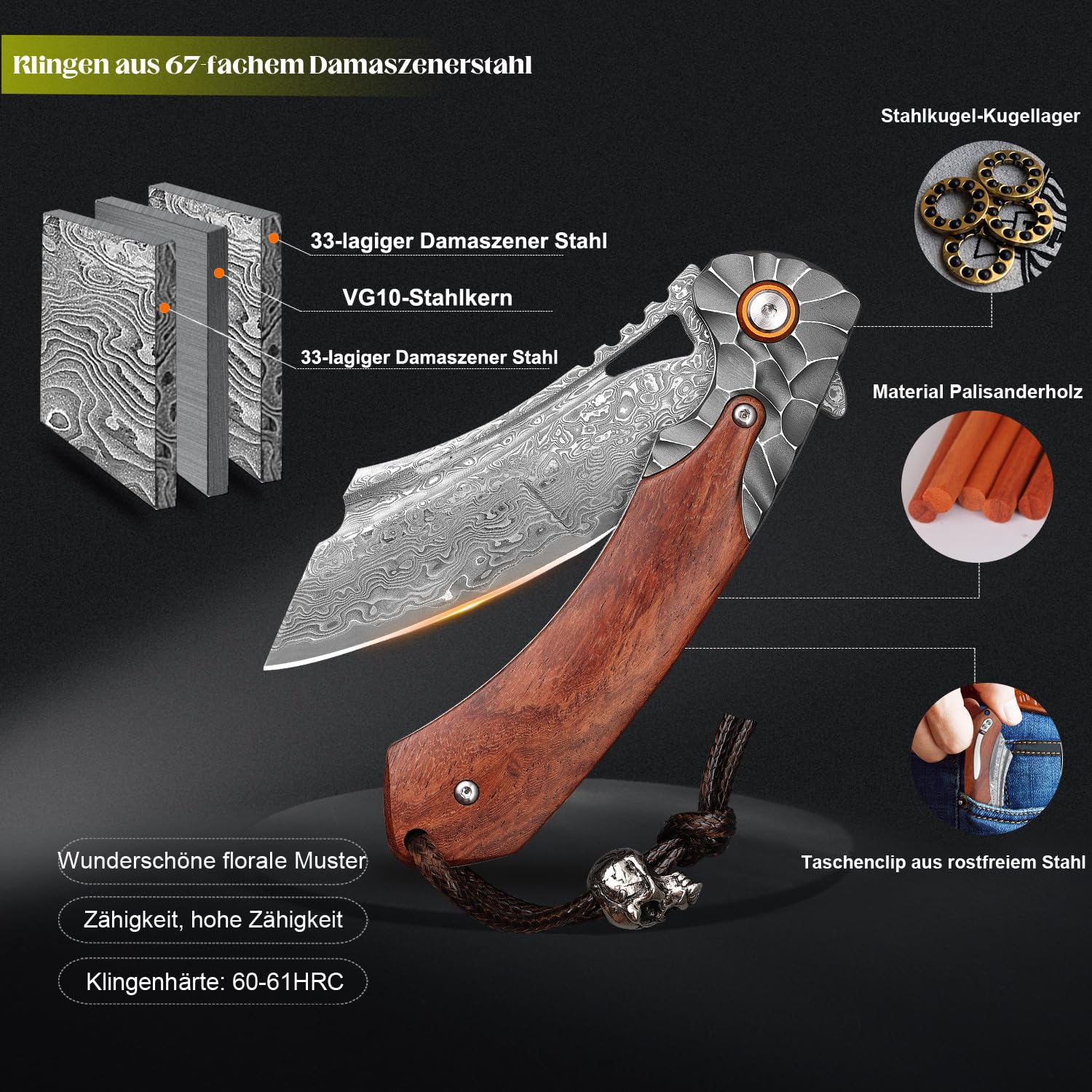 Herren Taschenmesser Damaszener Stahl Handgefertigtes Klappmesser，3.5 in Klinge Palisander Griff，mit Lederetui ，Liner Lock Stahl Kugellager，Taschenclip ，EDC Camping Outdoor Survival Messer