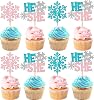 Rsstarxi 24 Pack He or She Snowflake Cupcake Toppers Glitter Snowflake Gender Reveal Cupcake Picks Decorations for Winter Frozen Theme Baby Shower Kids Birthday Party Cake Decorations