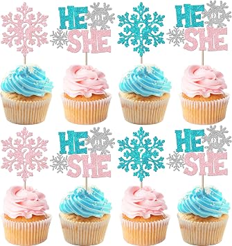 Rsstarxi 24 Pack He or She Snowflake Cupcake Toppers Glitter Snowflake Gender Reveal Cupcake Picks Decorations for Winter Frozen Theme Baby Shower Kids Birthday Party Cake Decorations