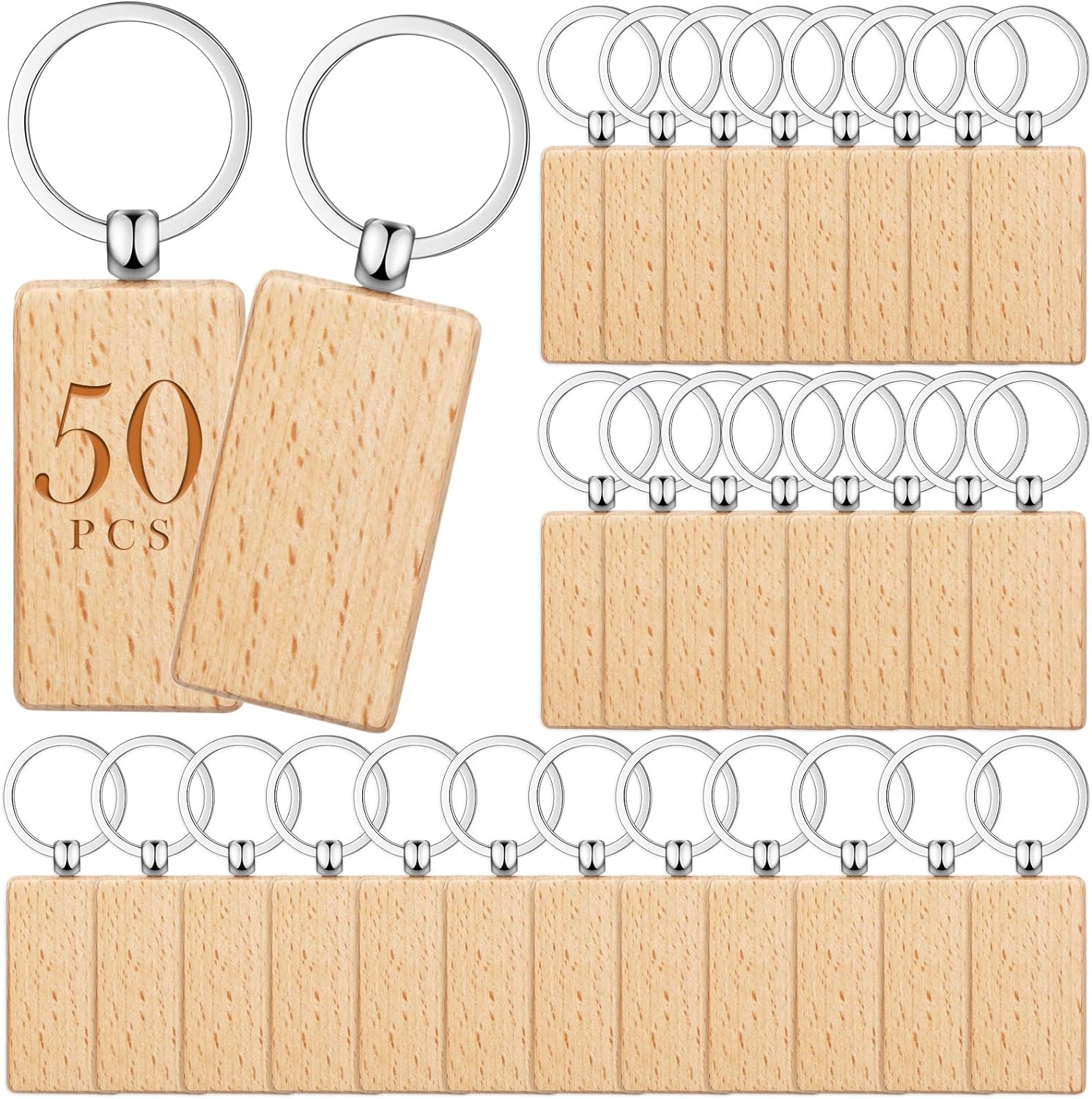 Yinkin 50 Pcs Wooden Keychain Blanks Wood Key Chains Bulk Laser Engraving Rectangle Keychain Blanks Unfinished Wooden Key Ring Key Tag for DIY Gift Crafts