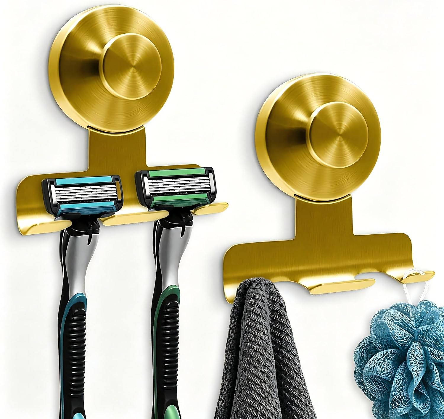 2Pcs Shower Razor Holder,Razor Holder for Shower,Suction Cup Razor Holder for Shower,Powerful Vacuum Suction Hooks,Stainless Steel Reusable Suction Hook for Razor,Towel,Loofah(Black)