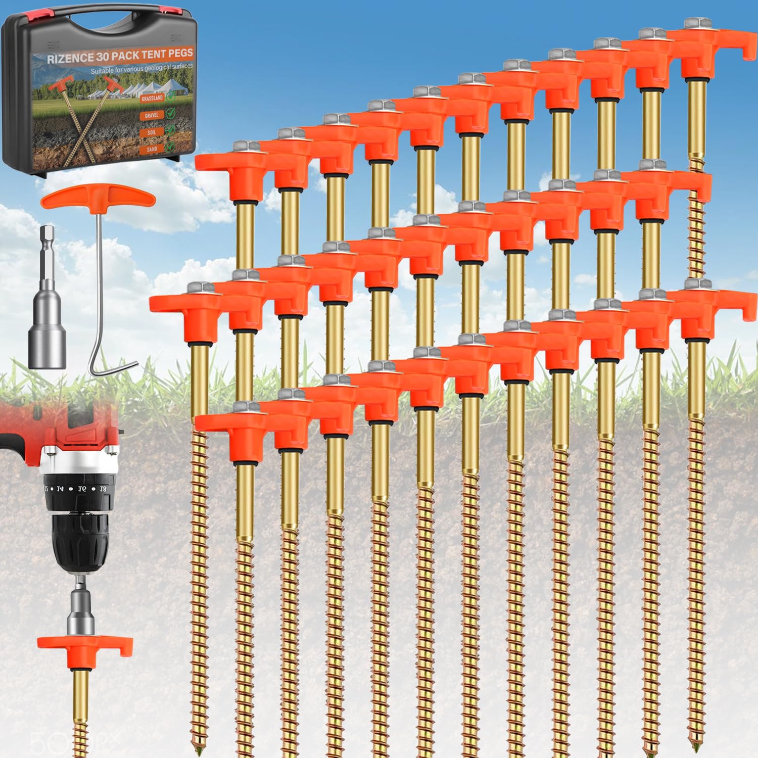 RIZENCE 30 Pack Strong Tent Pegs Metal Heavy Duty with Carry Case - 20cm Screw In Tent Camping Pegs with Drill Adapter, Rock Pegs for Hard Ground for Camping, Galvanised Steel Rust-Resistan