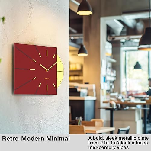 Miniatura 4 de Driini Reloj de pared moderno de mediados de siglo, reloj cuadrado rojo con acento dorado decorativo, reloj único y fresco, funciona con pilas,