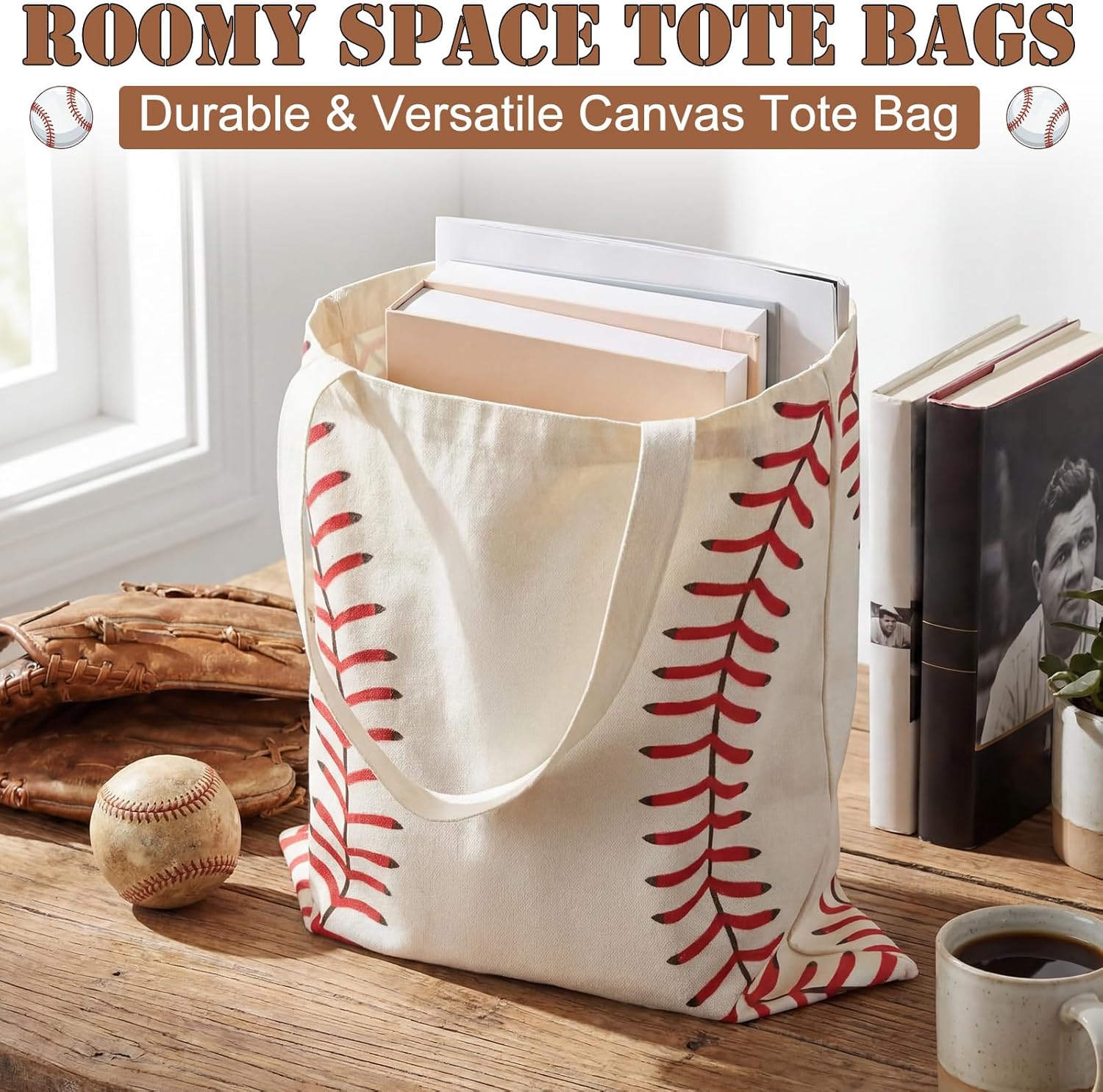 12 Pcs Baseball Canvas Tote Bags Bulk for Women Baseball Mom Shoulder Bags with Inner Pocket Team Gifts for Players Coach Sport Moms