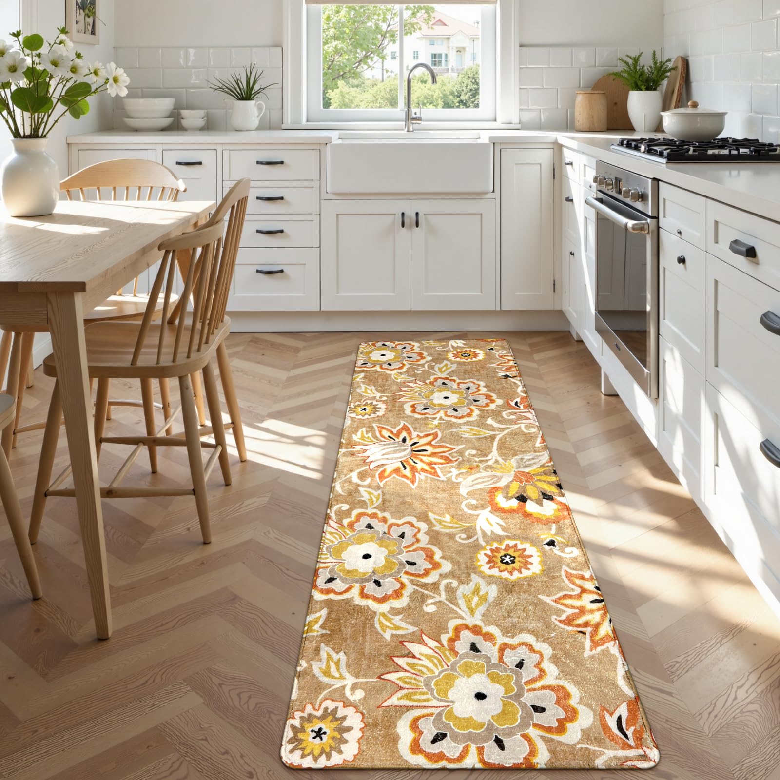 Läufer Teppich 61x183 Cm – Blumenmuster, Rutschfest, Waschbar, Weicher Samt, Für Flur, Küche, Schlafzimmer