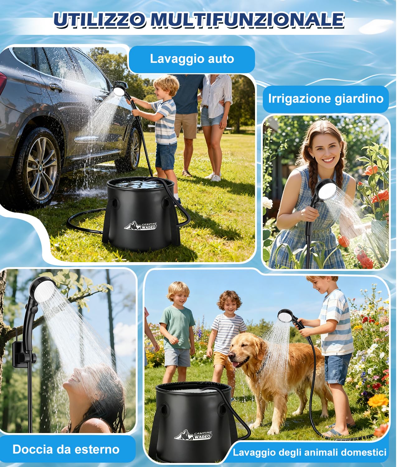 WADEO Doccia Portatile Campeggio con Secchio Pieghevole 20L, Acqua Calda, Pompa Ricaricabile a 5 Velocità con Display LED, 4 Modalità di Getto per Camper, Viaggi, Auto, Animali Domestici
