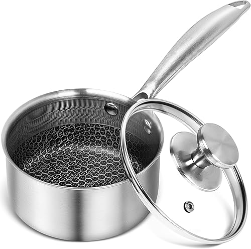 MICHELANGELO Cacerola de 1 cuarto de galón con tapa, sartén de acero inoxidable de triple capa premium con tapa, cacerola pequeña con interior de