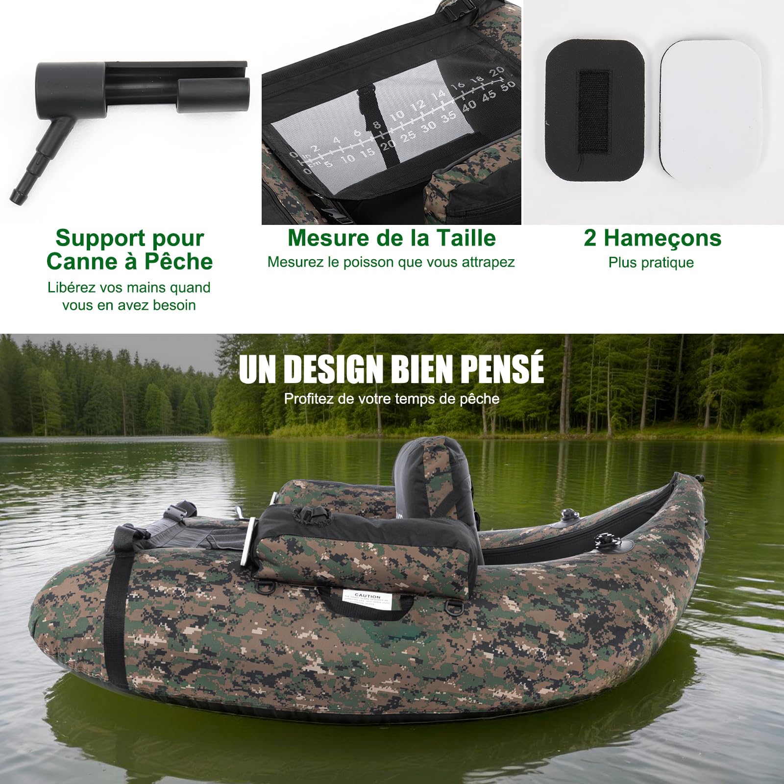 LEADZM Bateau de Pêche Gonflable Camouflage, Float Tube avec Pompe, Support de Canne Peches, Sangles Réglables, Sac de Rangement, Capacité de Charge 150 kg