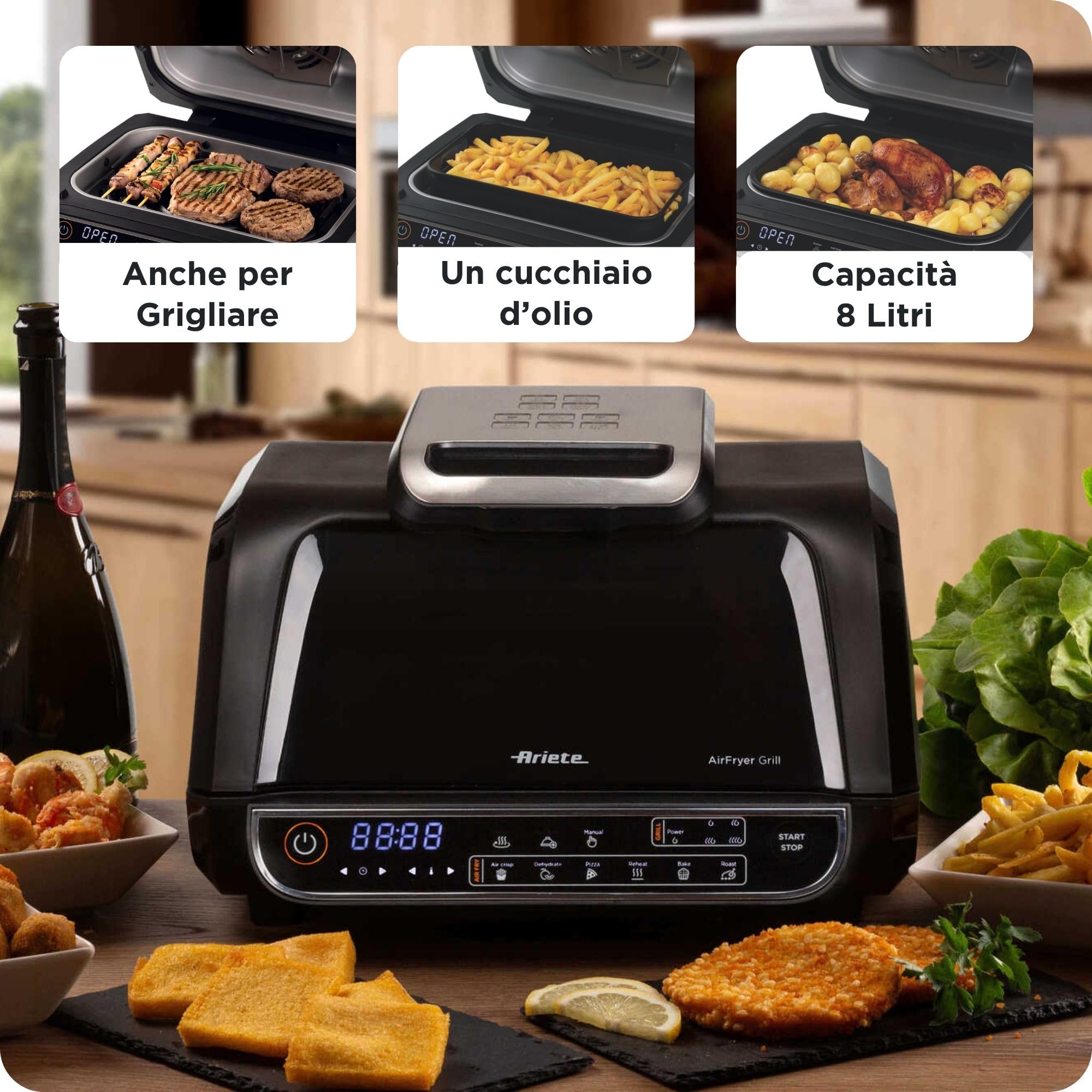 Ariete 4635 Air Fryer Grill, Friggitrice ad aria e Griglia, Bistecchiera,1700W, Capacità 8L, Friggi e Griglia, 8 funzioni di cottura, Timer, Nero