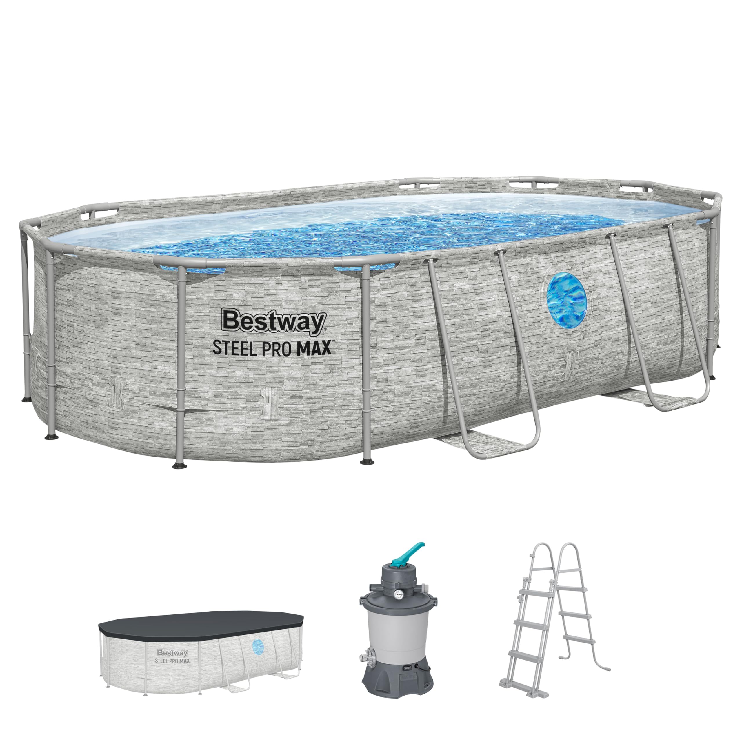 Bestway Power Steel Swim Vista Series Frame Pool Komplett-Set mit Sandfilteranlage 488 x 305 x 107 cm, Steinwand-Optik (Cremegrau), oval