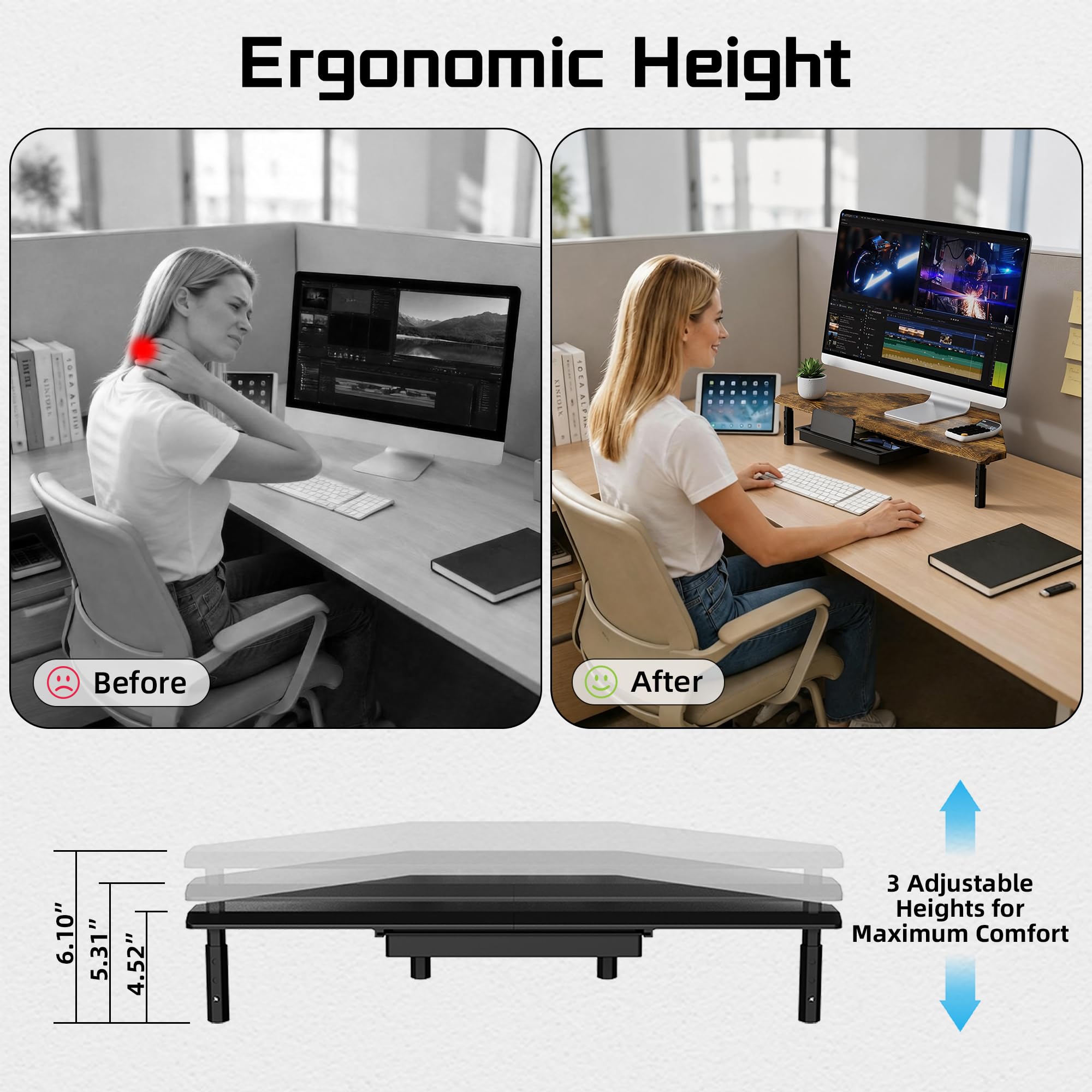 ETHU Supporto triangolare per monitor con cassetto, regolabile in altezza, per PC/laptop, supporto ergonomico per computer desktop, supporta 20 kg, noce