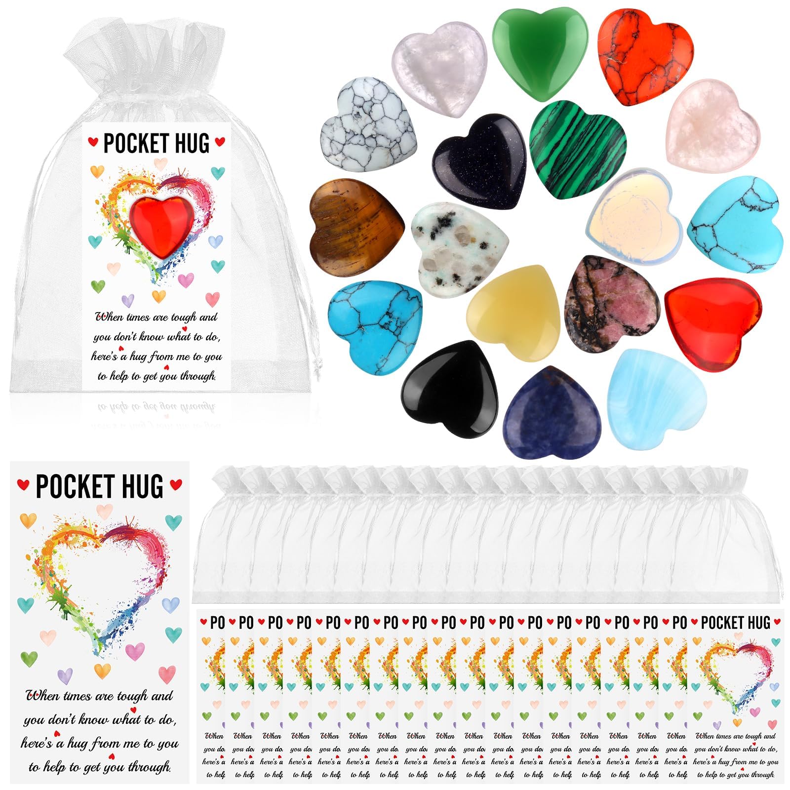 RUIYELE 36 Sets ‌Pocket Hug Gift Pocket Hug Token Bulk Natural Heart Crystals with Hug Cards Organza Bags Inspirational Greeting Cards Exchange Gift for Women Friends Colleagues Family