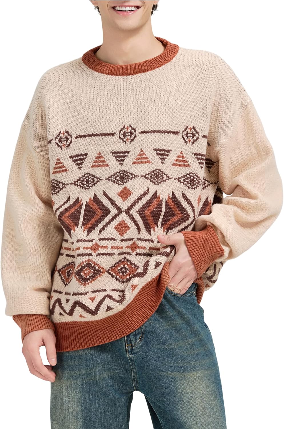 ZAFUL Men's Ethnic Knit Sweater Vintage Graphic Long Sleeve Pullover Crew Neck Striped Jumpers - Image 2