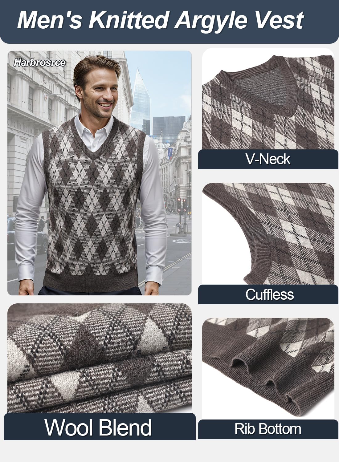 Chaleco de Punto sin Mangas para Hombre V-Cuello a Grueso Cuadros Negocios Jerséis Chaleco Caballero Suéter Chaqueta de Diamante Invierno Otoño