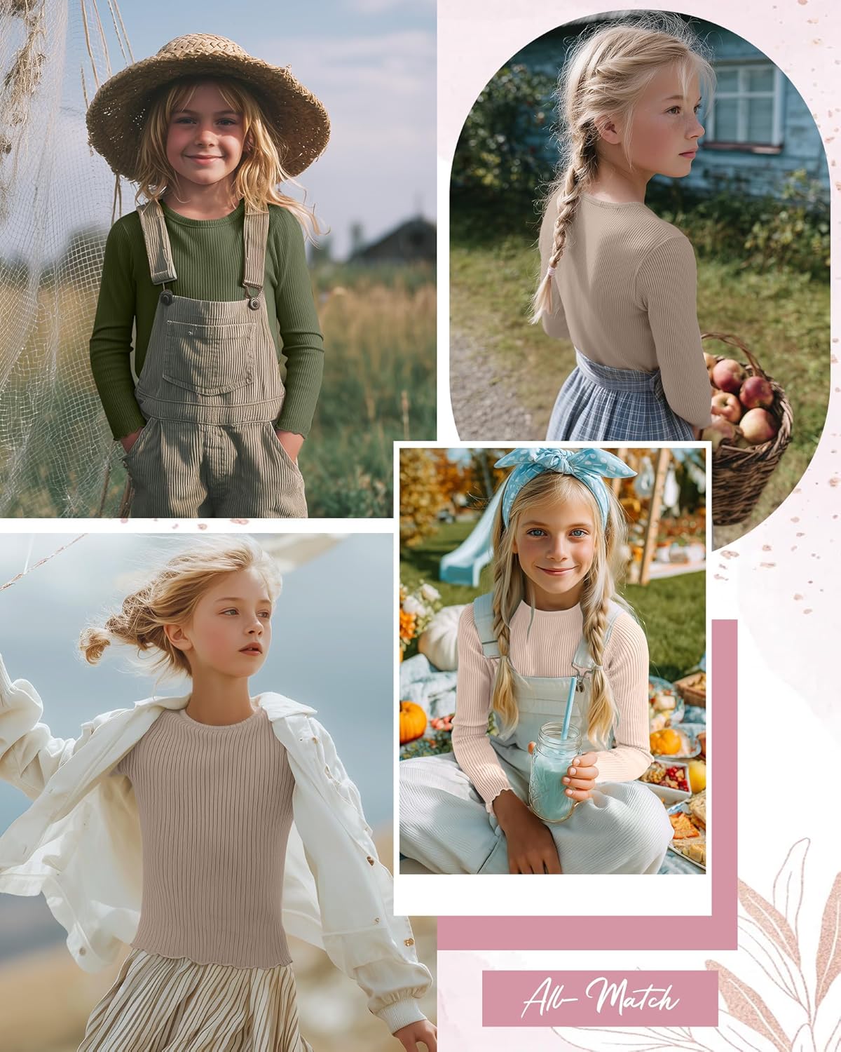 3 Pack Girls' Long Sleeve Tops Crewneck Ribbed Tees Shirt Cotton Lettuce Trim Cute Undershirt Base Layering - Image 2