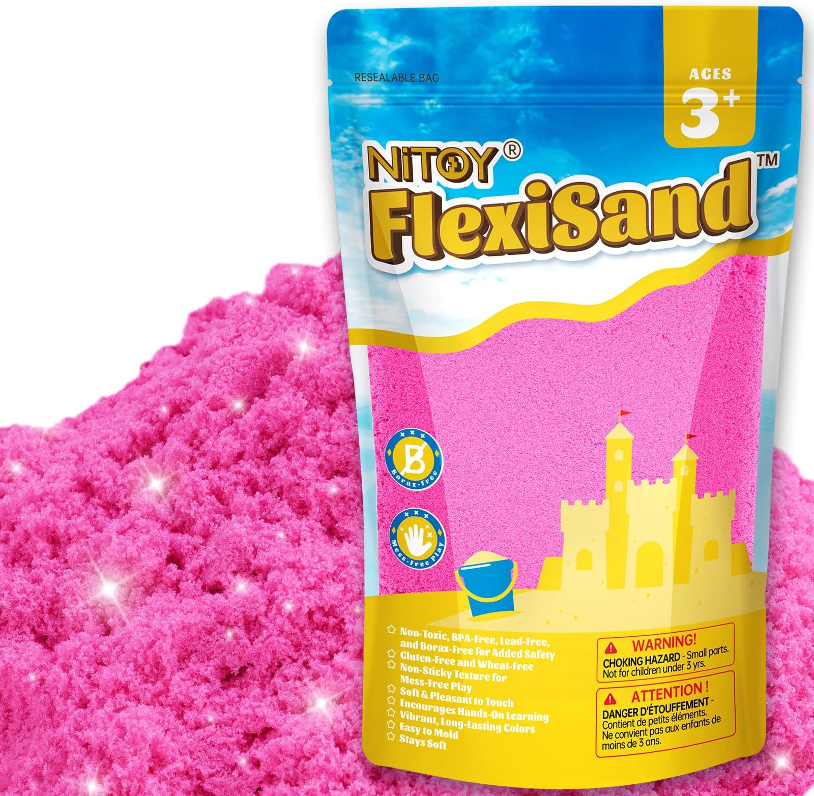 NiToy FlexiSand Value Pack Colored Moldable Self-Sticking Sand, Sand Art, Never Dries Out Fun for 3+ Kids, Bulk Refill for Sensory Sand Box Toys, Ideal for Shaping and Molding (2.2lbs, Hot Pink)