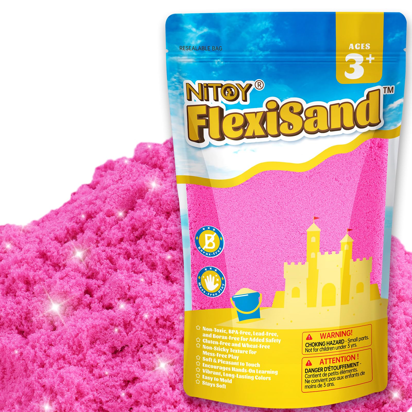 NiToy FlexiSand Value Pack Colored Moldable Self-Sticking Sand, Never Dries Out Fun for 3 Years and Up Kids, Bulk Refill for Sensory Sand Box Toys, Ideal for Shaping and Molding (2.2lbs, Hot Pink)