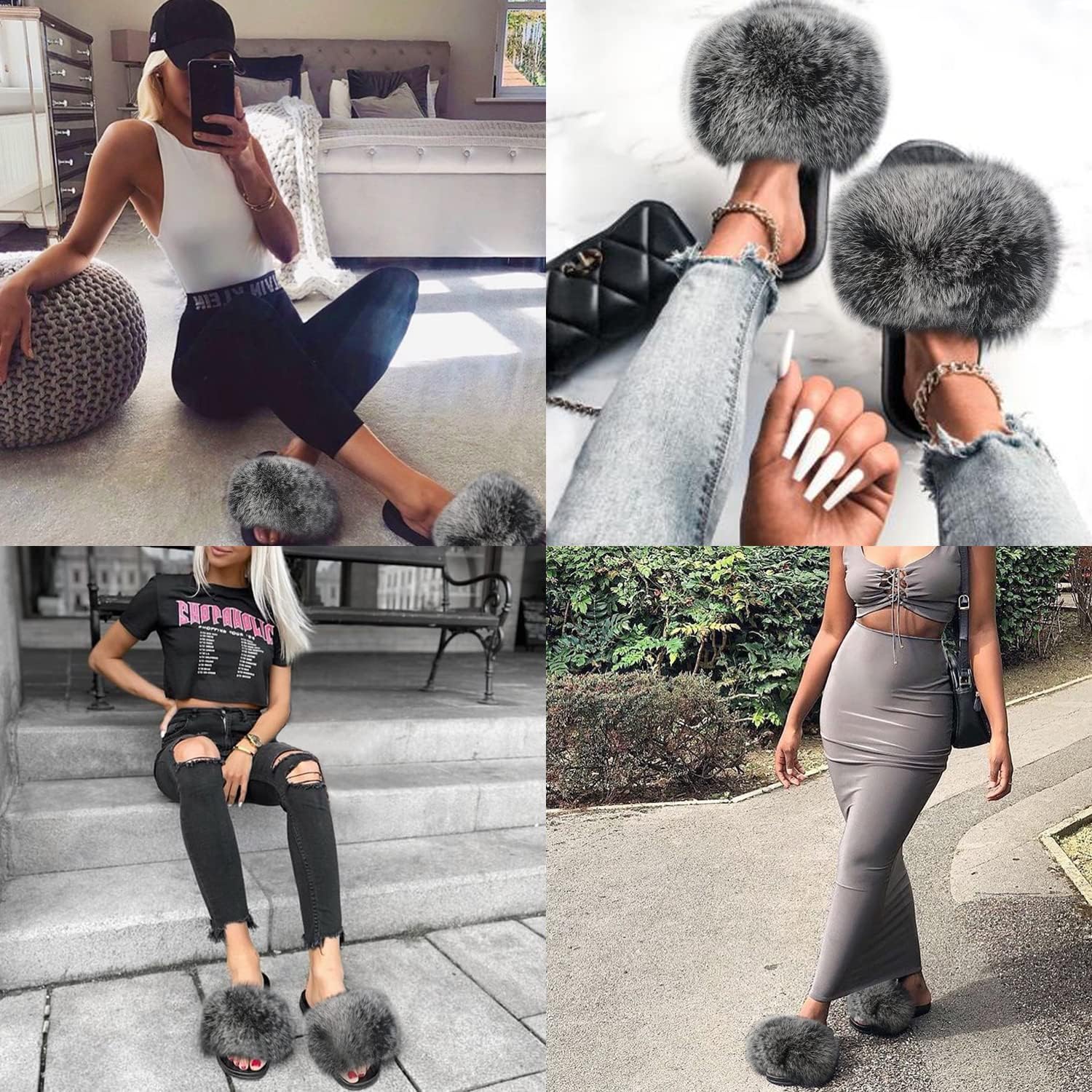 Jancoco Max Real Fox Fur Slides for Women - Fluffy Fur Slippers Open Toe Flat Sandals for Outdoor - Image 3