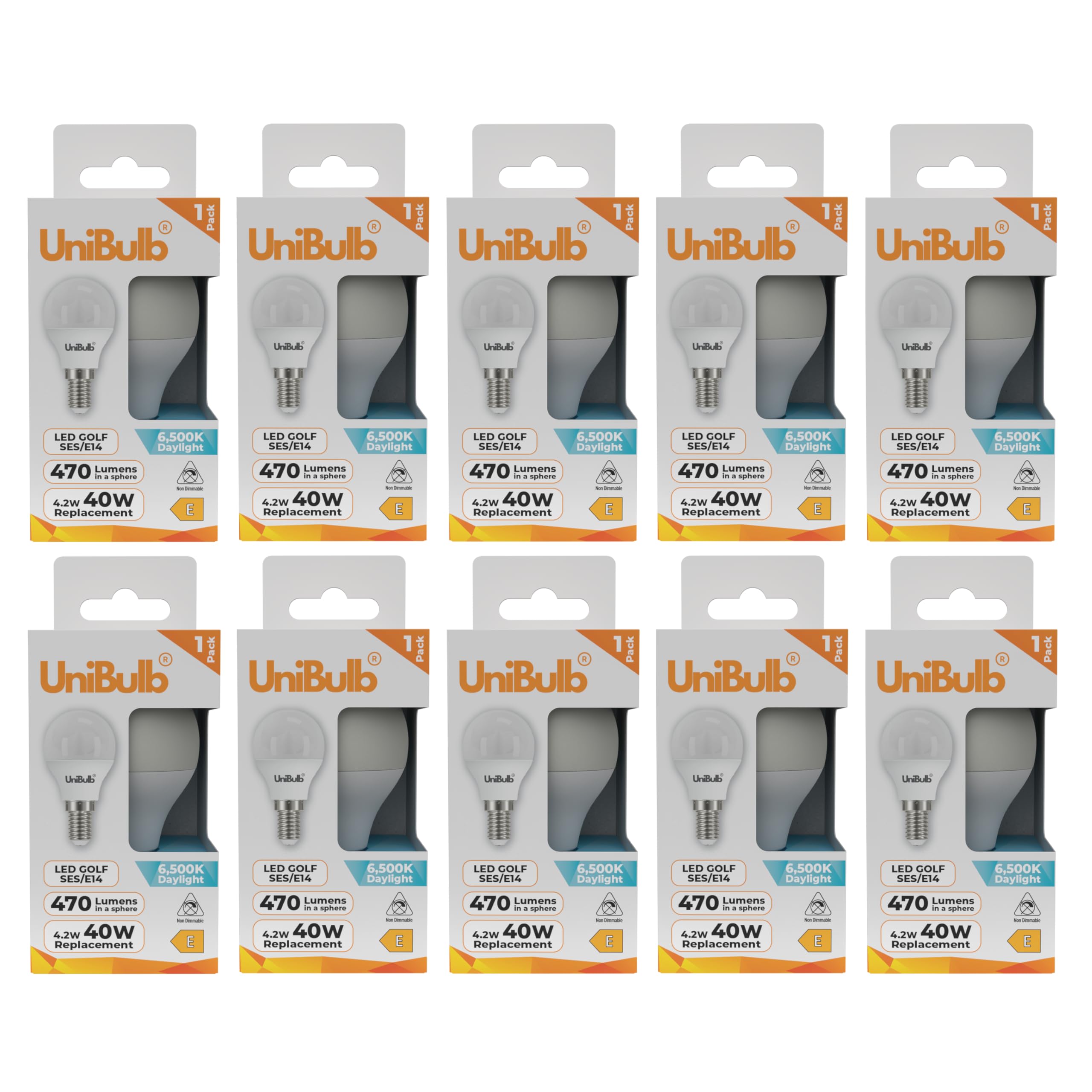 Unibulb E14 Energy Saving LED Light Bulb, Small Edison Screw (SES), 4.2W, 470lm, 40W Equivalent, Daylight 6500K, Golf Ball Bulb, P45, 220-240V, Non-Dimmable, 25,000hr lifespan, Pack of 10