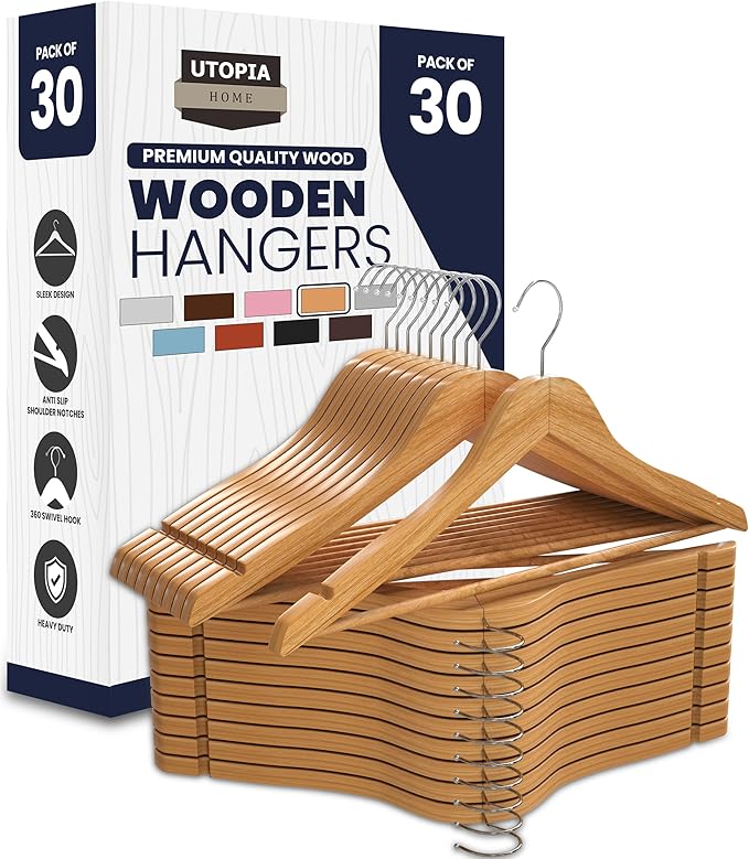 Utopia Home Premium Wooden Hangers 30 Pack - Heavy Duty & Durable Coat Hanger - Wood Hanger with 360-Degree Rotatable Hook - Clothes Hangers with Non-Slip Shoulder Notches For Shirts & Coats (Natural)