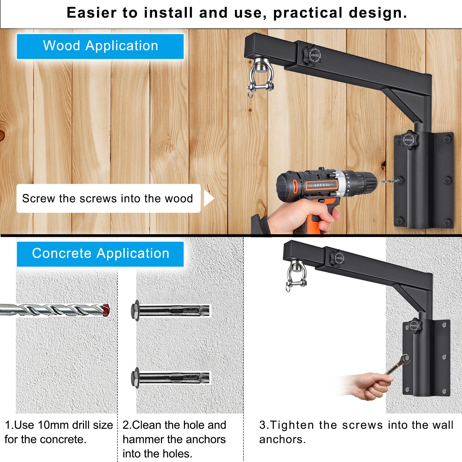 Dolibest Support mural pour sac de frappe, cadre de sac de boxe, support de sac de boxe, support pliable à 360°, crochet pivotant à 360°, longueur réglable de 44 à 64 cm et hauteur de 33 à 45 cm pour