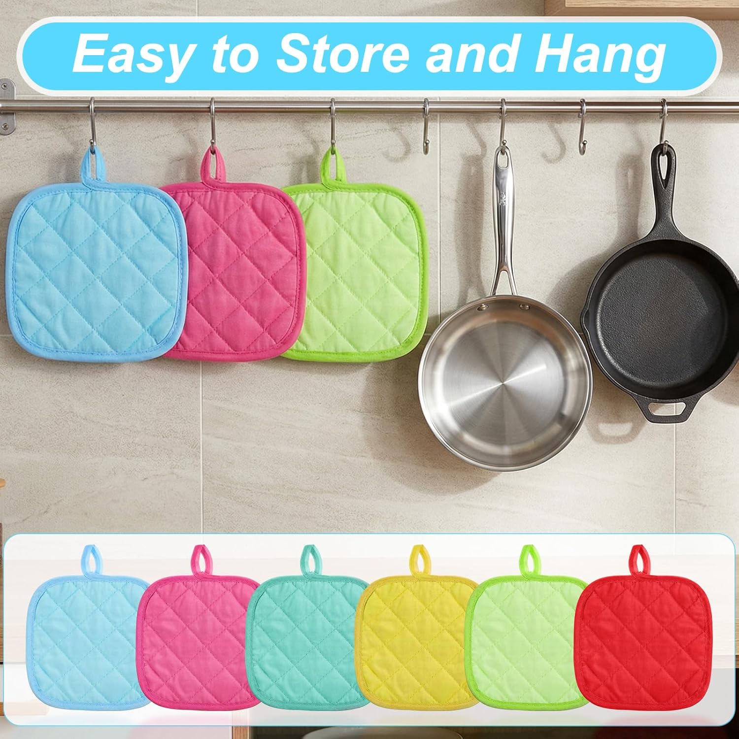 24 Pcs Pot Holders for Kitchen, Heat Resistant Cotton Blend Hot Pads & Oven Mitts Set with Hanging Loops, 6 Multicolor (Apple Green, Red, Yellow, Blue, Green, Rose) - 7.08x7.08 Inches