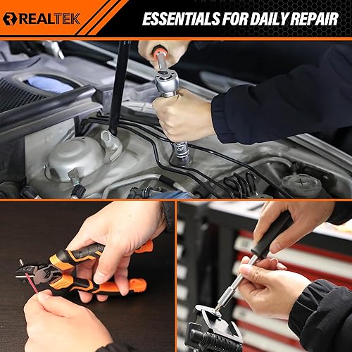 Miniatura 9 de REALTEK Juego de herramientas mecánicas de 100 piezas, kit de herramientas para automóvil, llave de vaso Cr-V, kit de reparación automática incluye