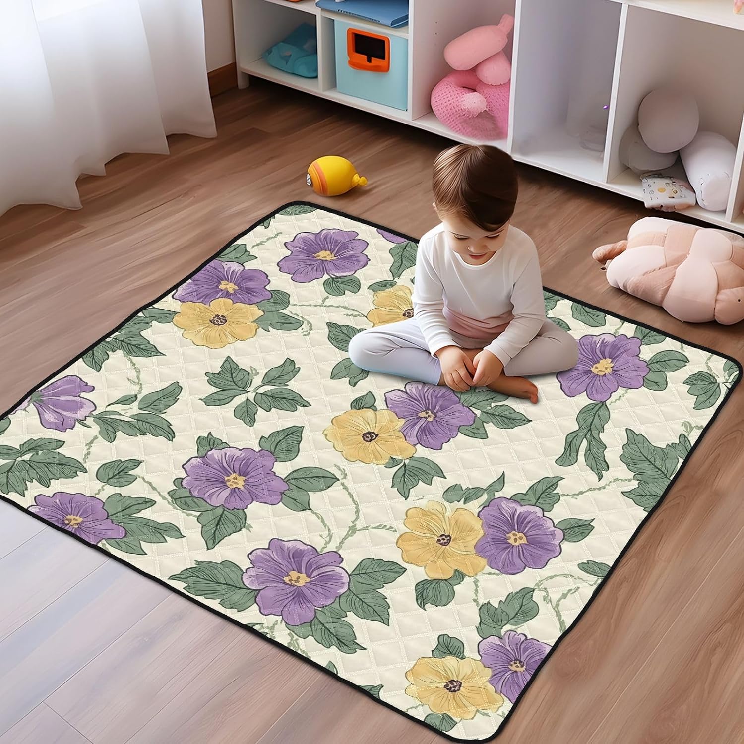 Doodle Colorful Flower Pattern Baby Play Mat, 50“ X 50” Washable Folding Crawling Mat, Baby Floor Mat, Soft, Thick, Non-Slip