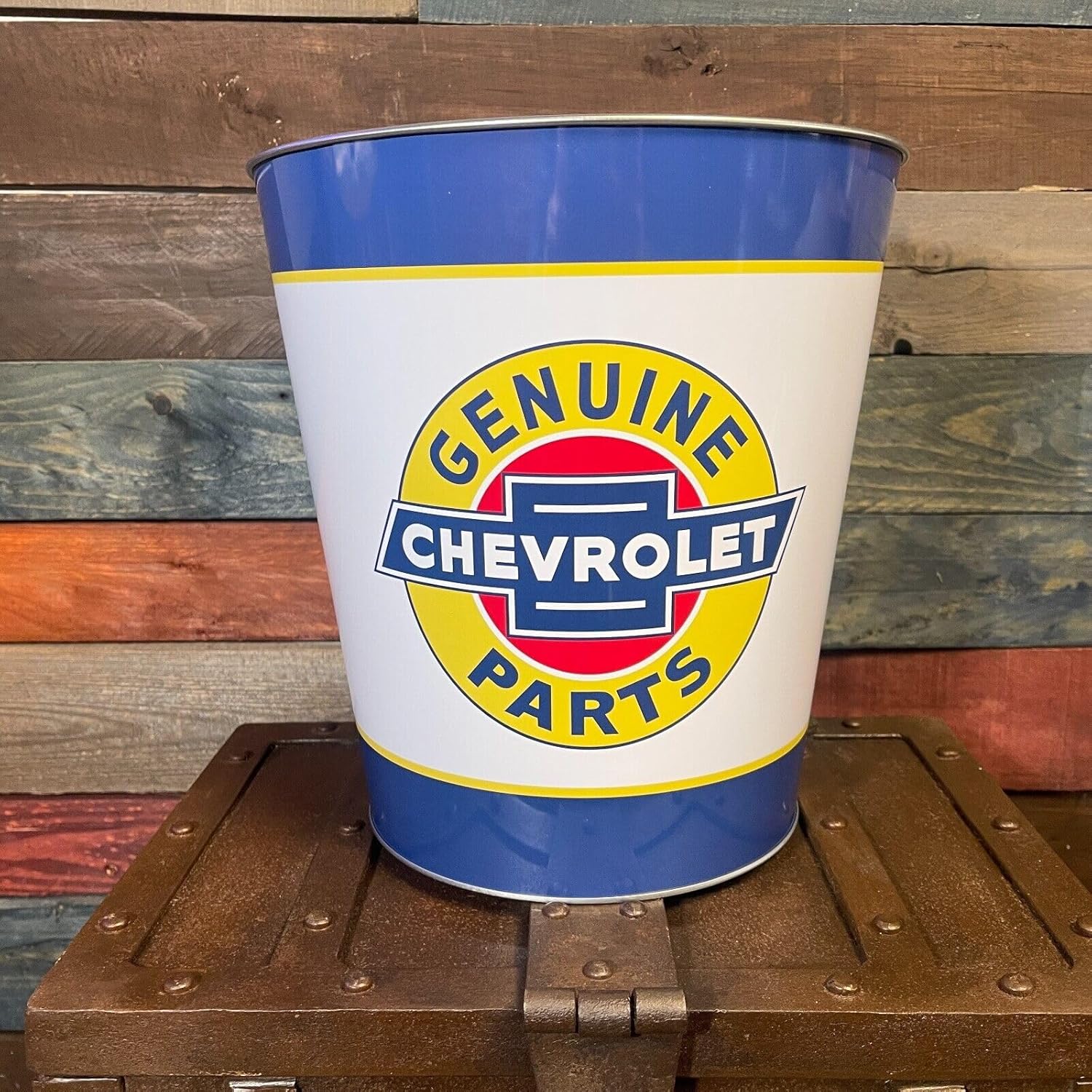 SOTT Chevrolet Genuine Parts Tapered Metal Trash Bin Wastebasket Vintage Inspired Retro Home Decor (10.5" Dia x 11" Tall)