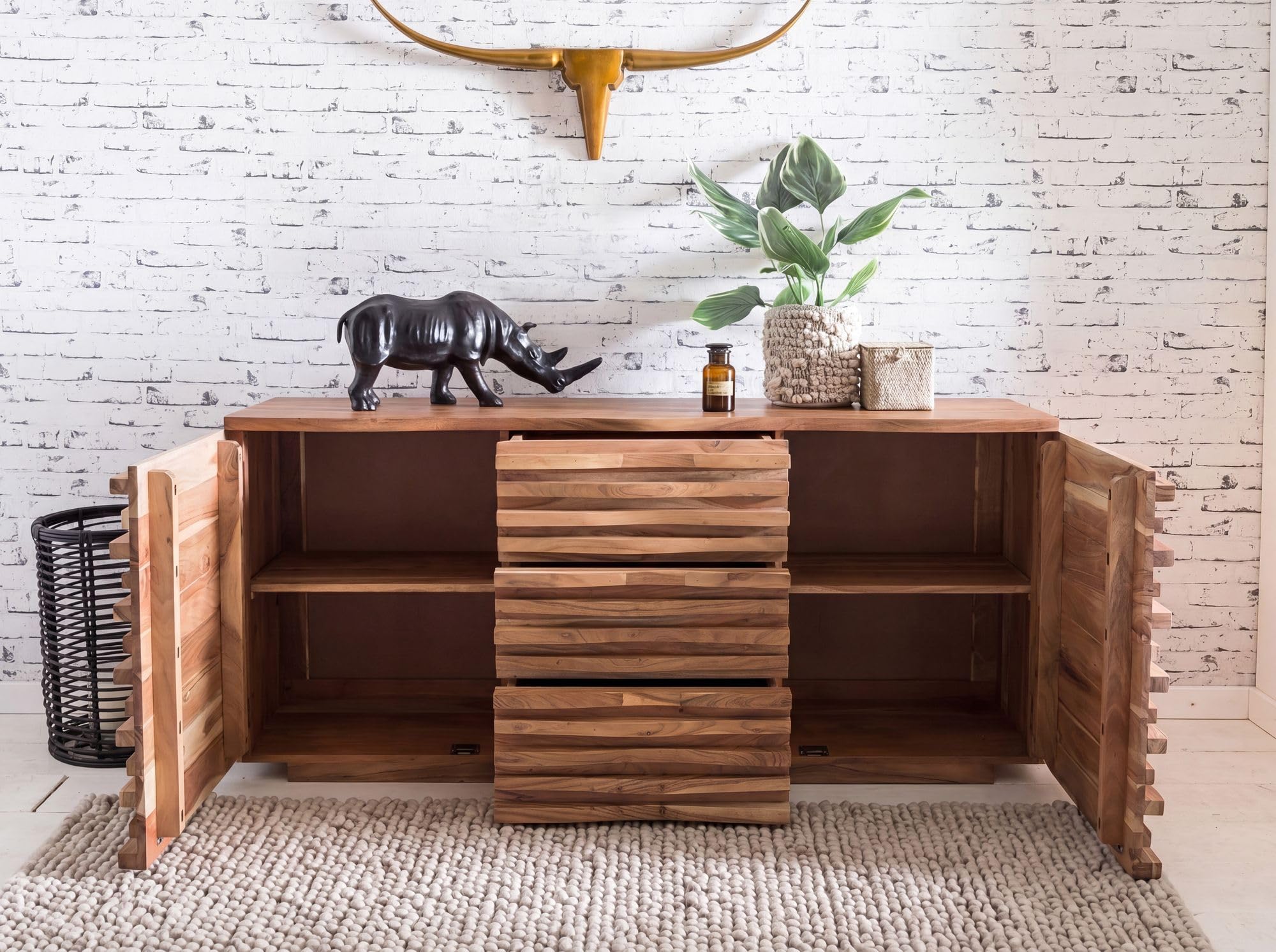 FineBuy Sideboard 160x43x75 cm Akazie Massivholz, 2 Türen und 3 Schubladen