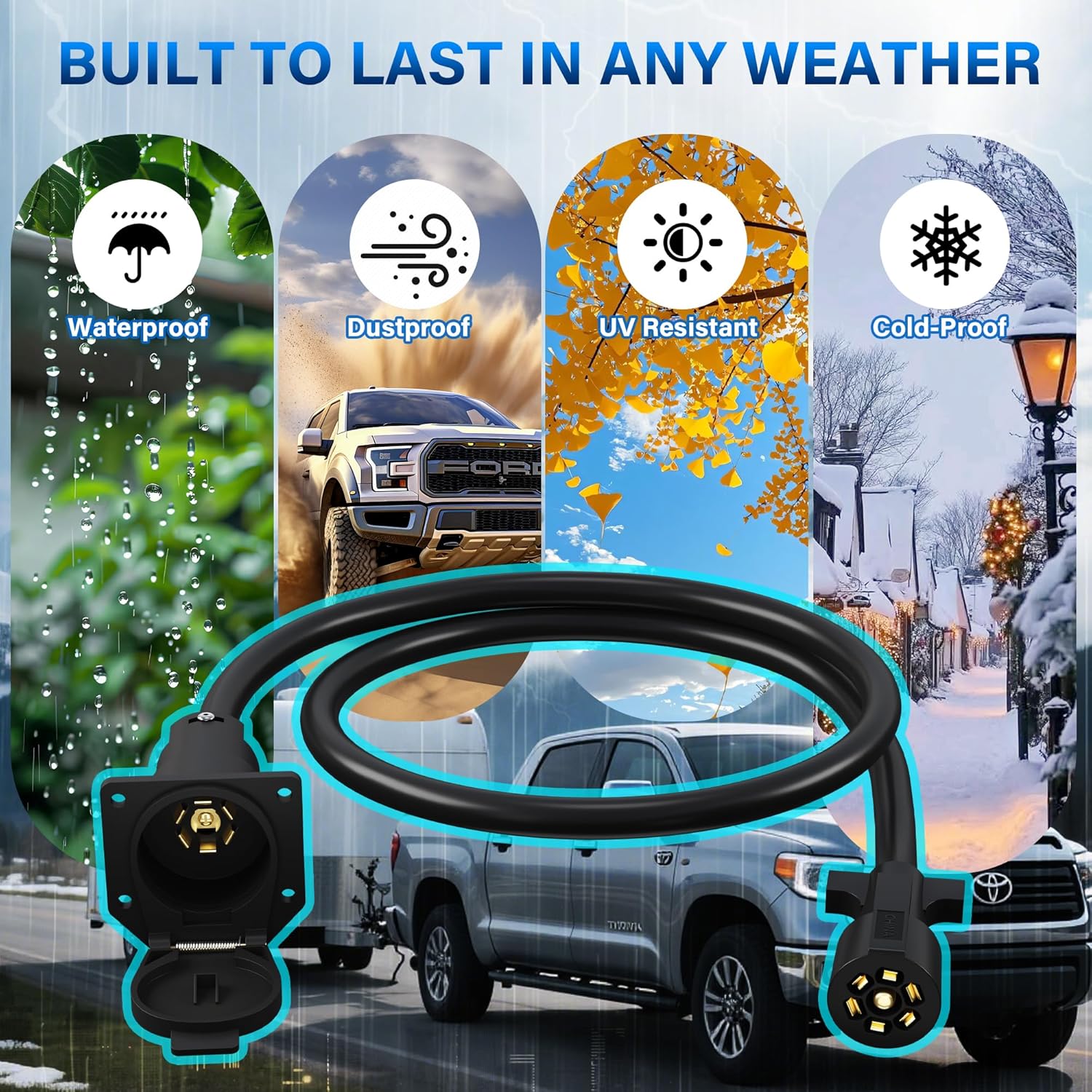 7 Way Trailer Extension Cord 12 Ft, 7 Pin Inline Wiring Harness Connector Plug & Dust Cover, Heavy Duty Waterproof for RV Truck Camper 5th Wheel Gooseneck Hitch Towing Car Vans