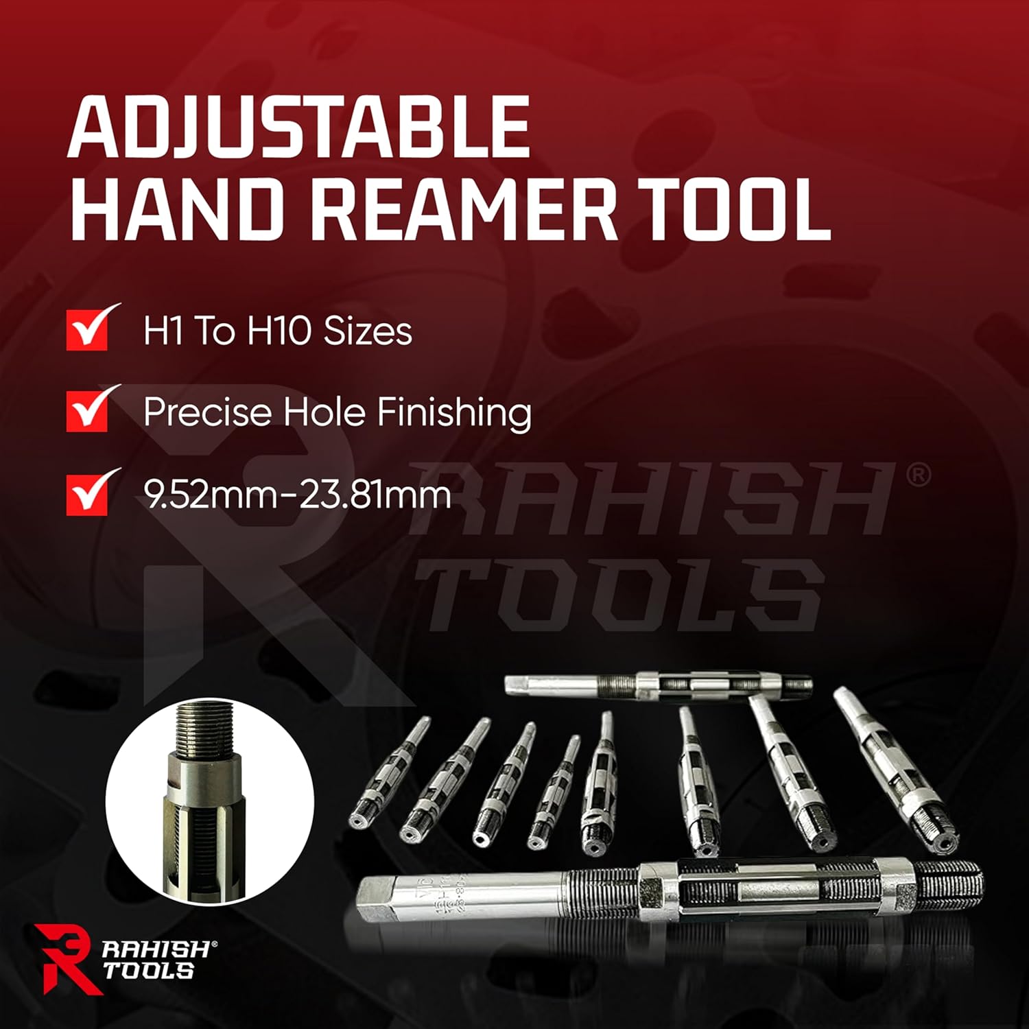 Adjustable Hand Reamer Tool H1 to H10 Sizes - 3/8" to 15/16” Reaming Tool for Precise Hole Finishing with Carbon Steel Blades - Hand Tools Reamers for Metal & Wood - 9.52mm - 23.81mm