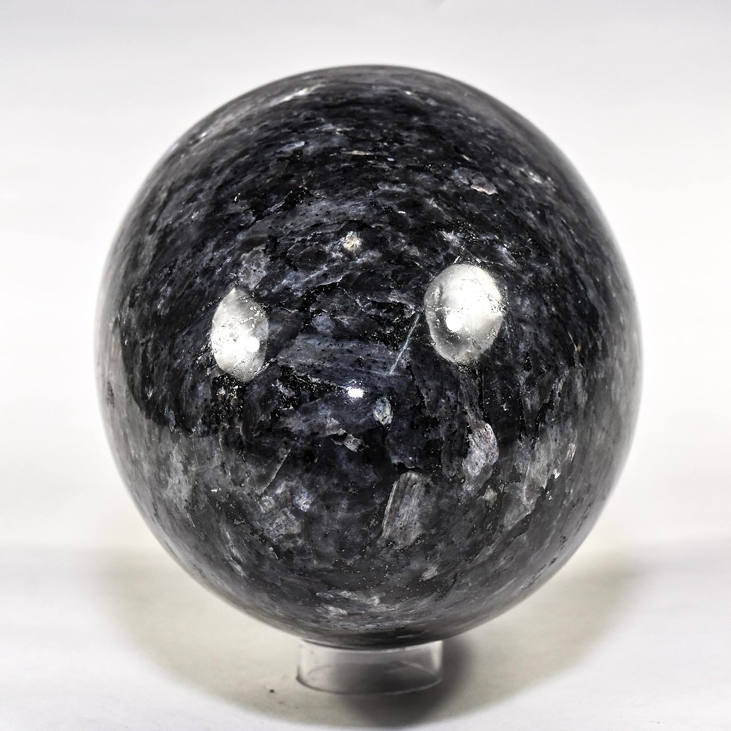 7.3" 8.4lb King Size Larvikite Egg Natural Feldspar Mineral Sparkling Black Moonstone w/Labradorite Crystal Polished Gemstone - India + Wood Stand