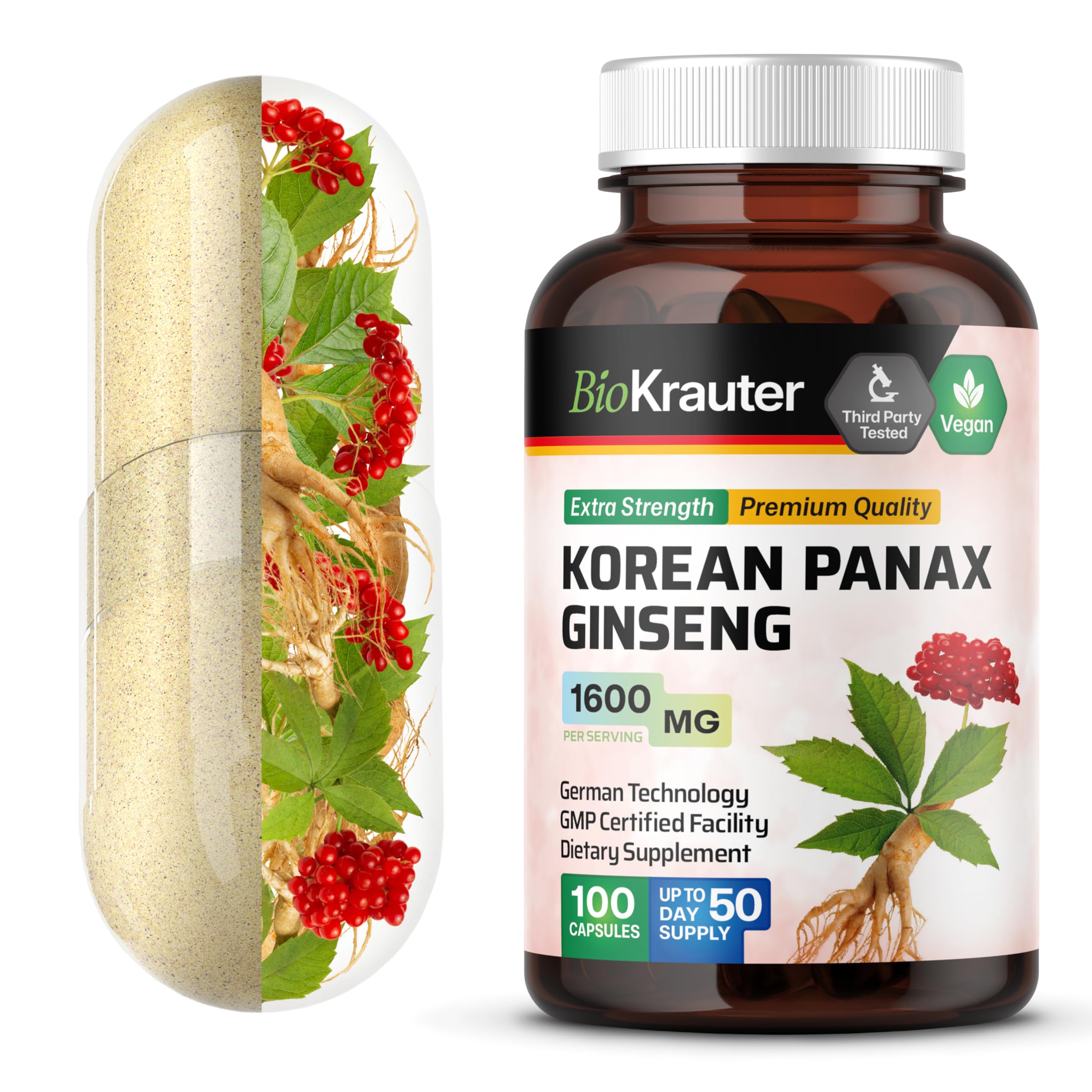 BIO KRAUTER Ginseng Supplement for Focus & Energy Support, 100 Capsules 100 Count (Pack of 1)