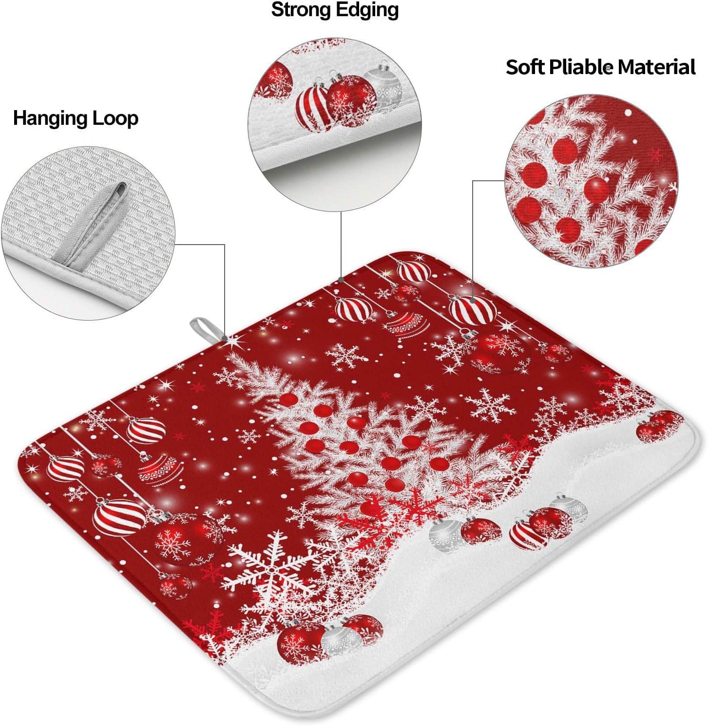 Christmas Tree Dish Drying Mat for Kitchen Counter Red Christmas Balls Drying Pad Absorbent Drying Mats for Countertops Sinks Draining Racks Snowflake Drainer Xmas Holiday Decorations 18x24 Inch
