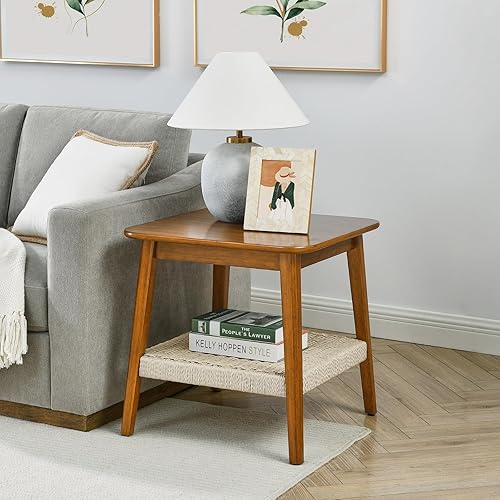 Mesa auxiliar cuadrada de madera maciza de 23 pulgadas, mesa auxiliar para sala de estar, mesa auxiliar de ratán natural hecha a mano, mesa de café,