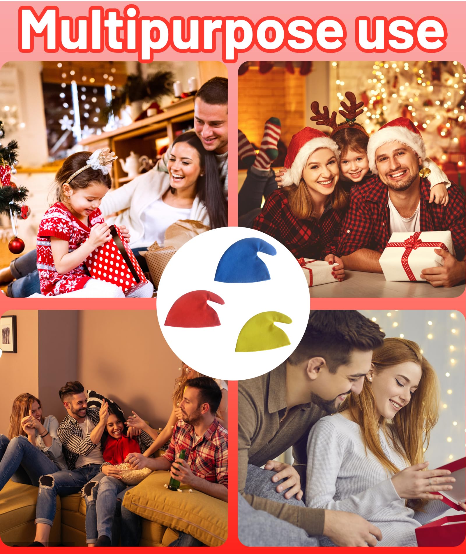 Buildcon 3 Pcs Santa Hat Set, christmas cap, Christmas Decorations for Adults & Kids, Festive Santa Claus Hat for Christmas Party, Themed Events, Cosplay and Home Decor (Red, Yellow, Blue) 4
