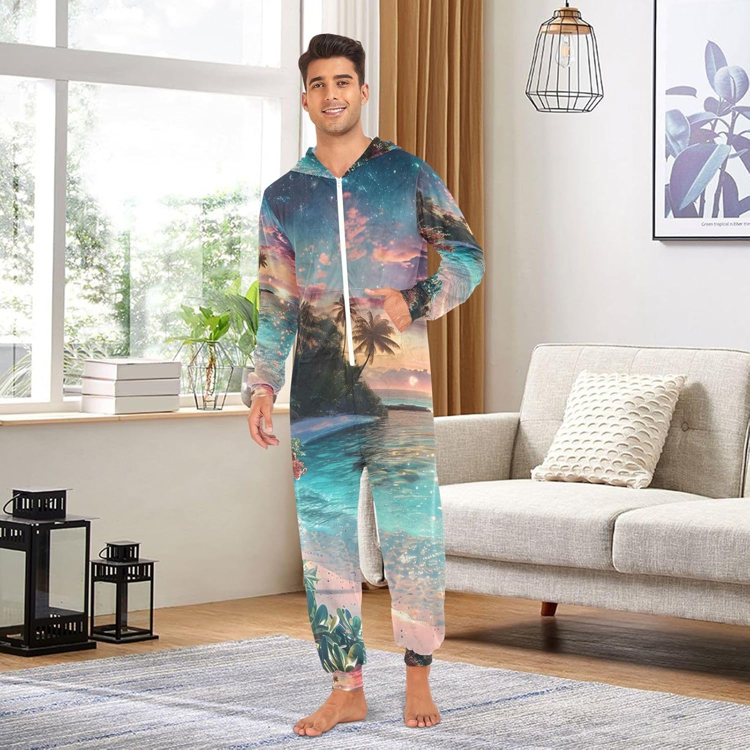 Neon Hawaiian Summer Beach Adult Onesie Pajamas for Unisex Novelty One Piece Costume Sleepwear