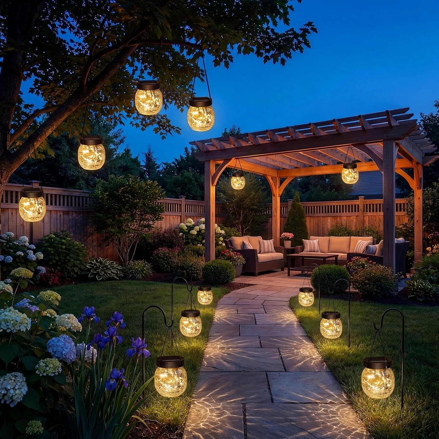 12 Pack Small Solar Lanterns Outdoor Waterproof, Cracked Glass Hanging Globe Lightsfor Yard Fence Garden,Shepherd Hook,and Tree Ornaments,Warm White
