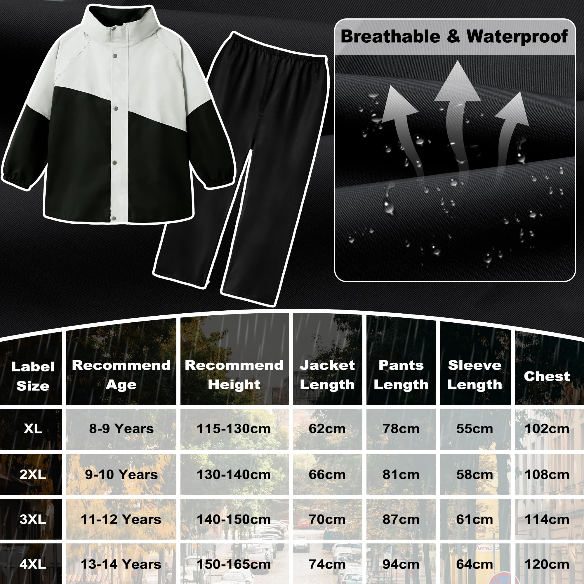 Tuta Impermeabile Ragazze Ragazzi, Leggero Antipioggia Giacca con Cappuccio e Pantaloni Set, Unisex Bambini Impermeabili Tute Pioggia con Strisce Riflettenti per 8-14 anni