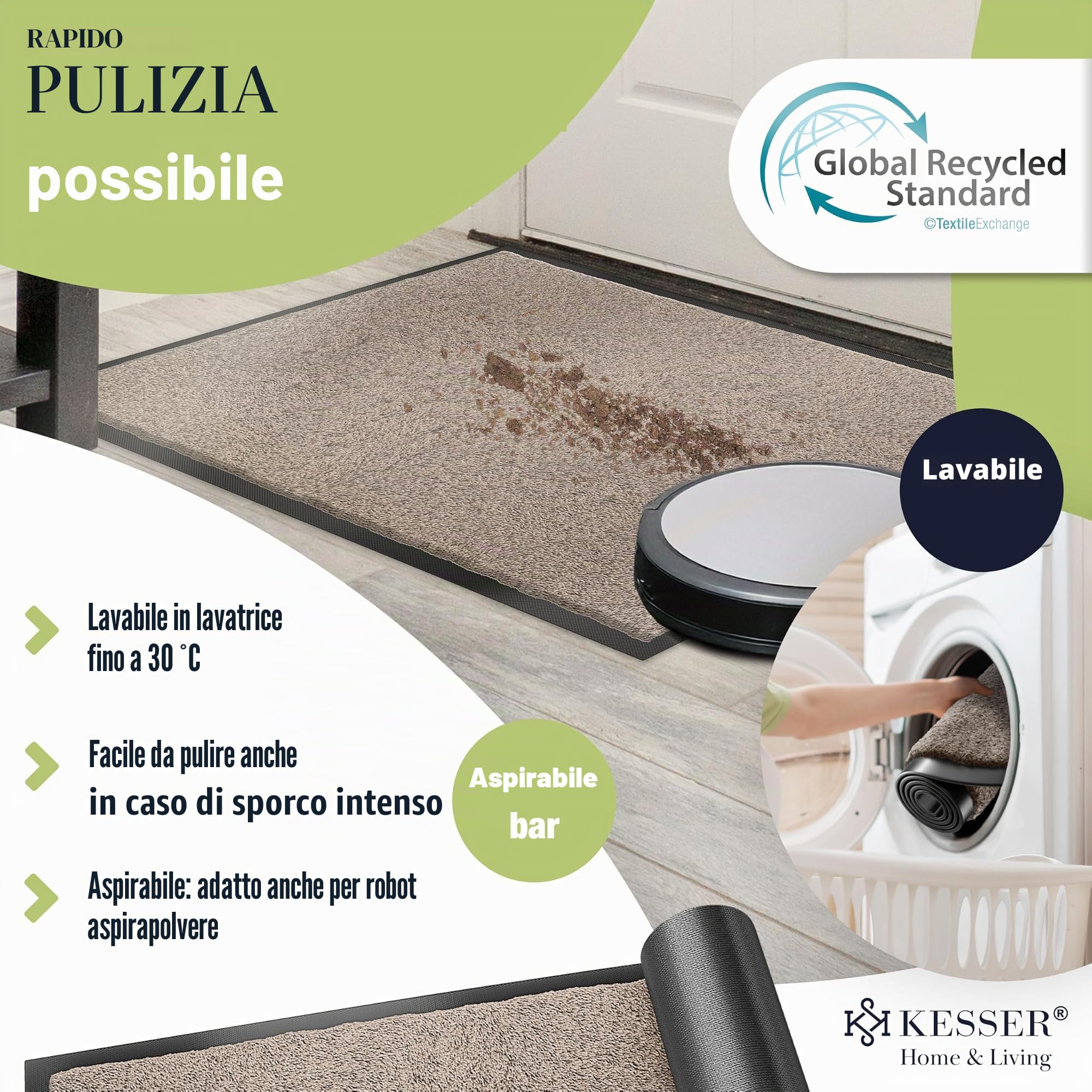 KESSER Zerbino antiscivolo, per interni ed esterni, lavabile e resistente alle intemperie, 7 mm di spessore e 3,2 kg/m², per ingresso della porta, tappeto per ufficio e antisporco, zerbino