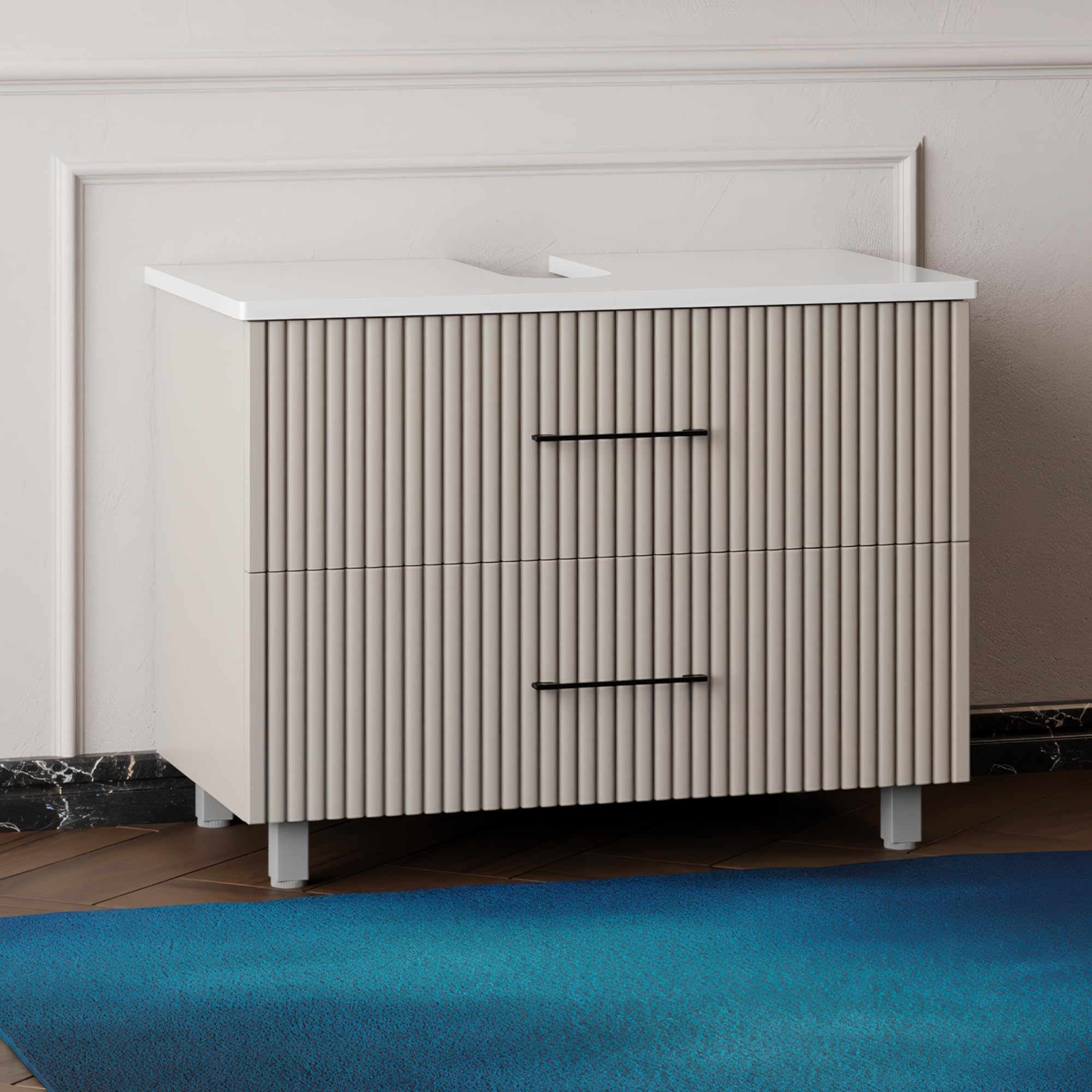 Karen Waschbeckenunterschrank Liana 60/80 cm | Steh-Unterschrank | Badmöbel pastellgrau | Konsole mit Siphonausschnitt | Eklektisch | Gäste-Badezimmer (Liana 80 Weiß)
