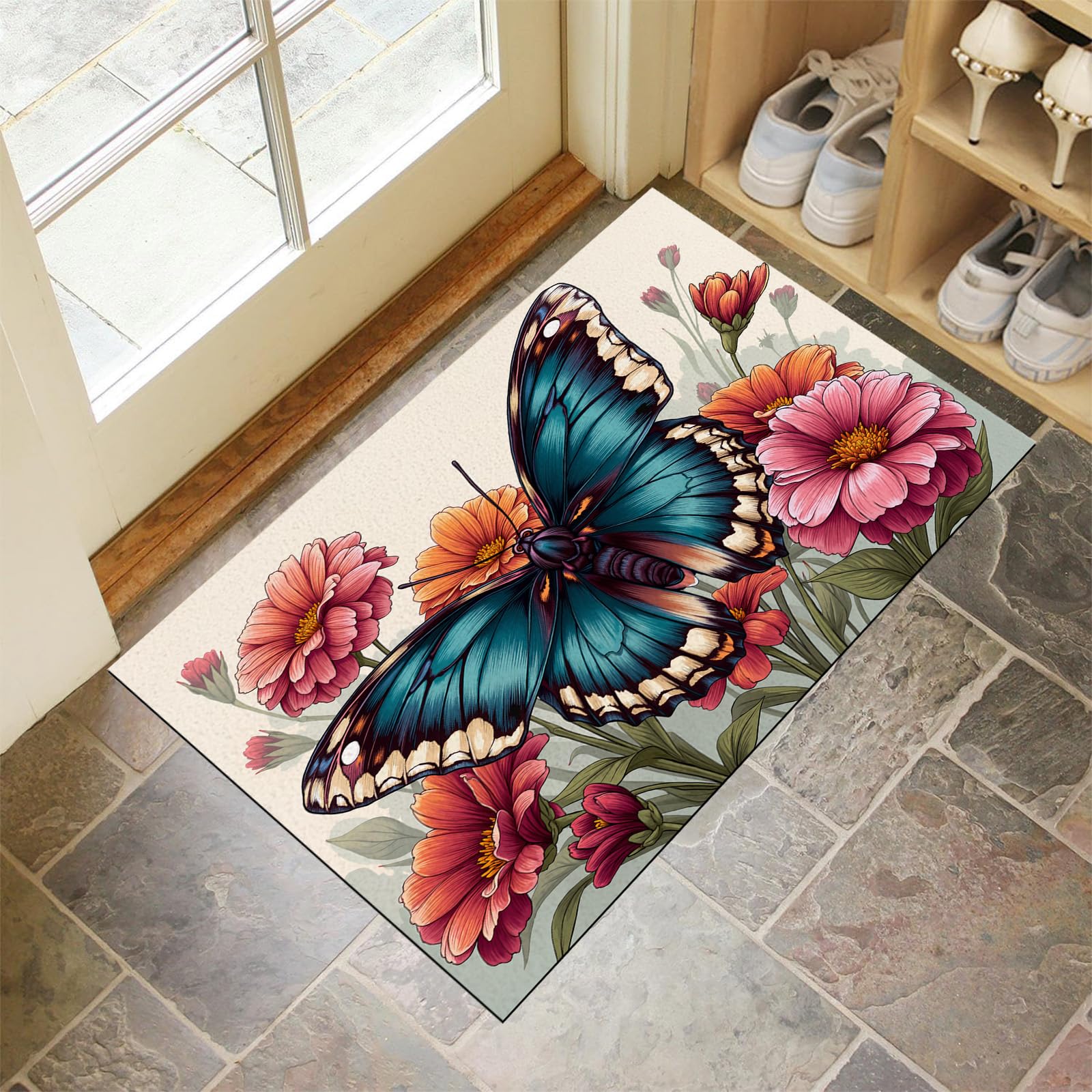 Paillasson d'intérieur 90x150 cm orange avec motifs fleurs et papillons pour entrée