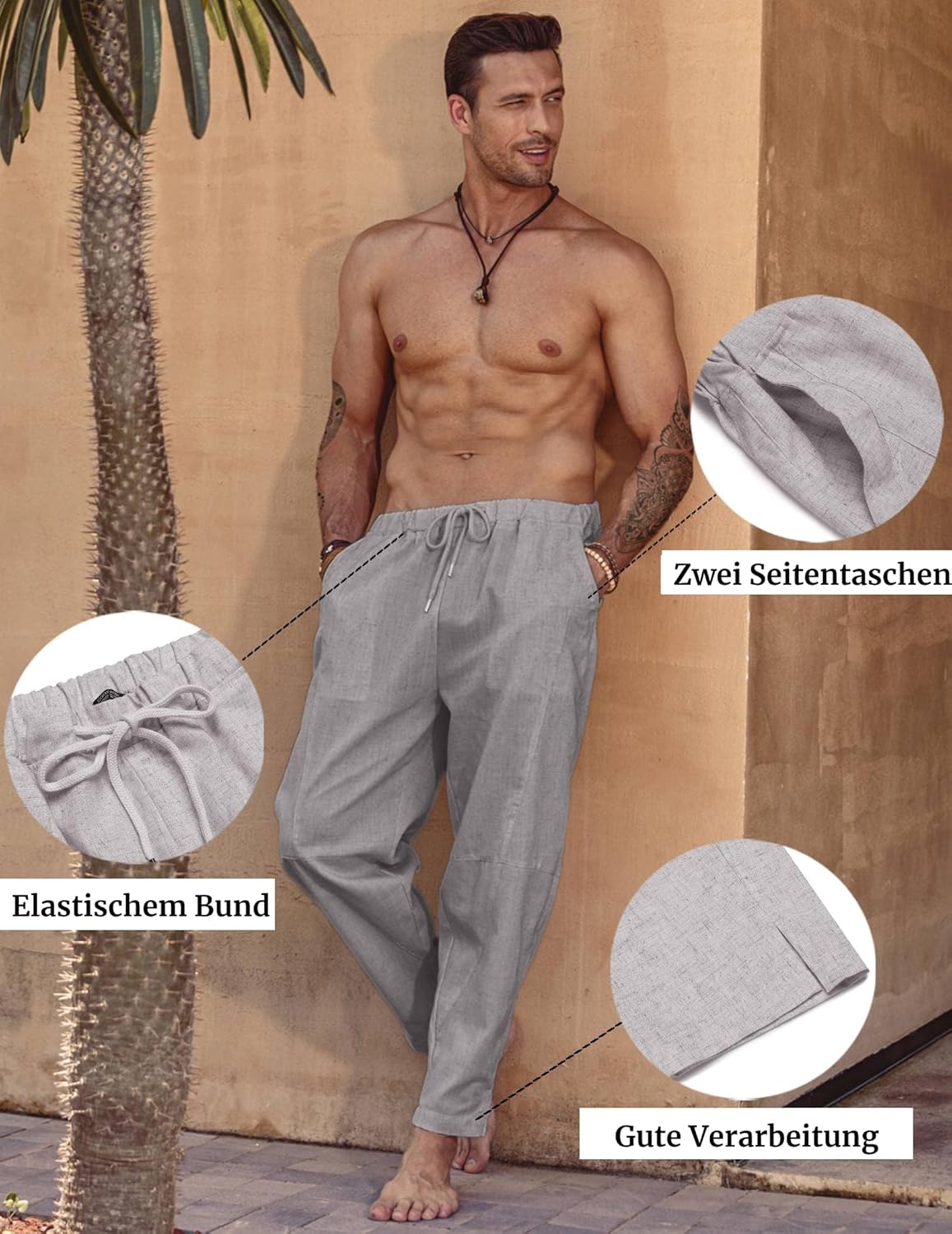 COOFANDY Men's Linen Trousers, Long Loose Fit Summer Trousers, Lightweight Casual Trousers, Holiday Beach Trousers, Yoga Trousers, Harem Trousers, Hippie Long Trousers - Image 5