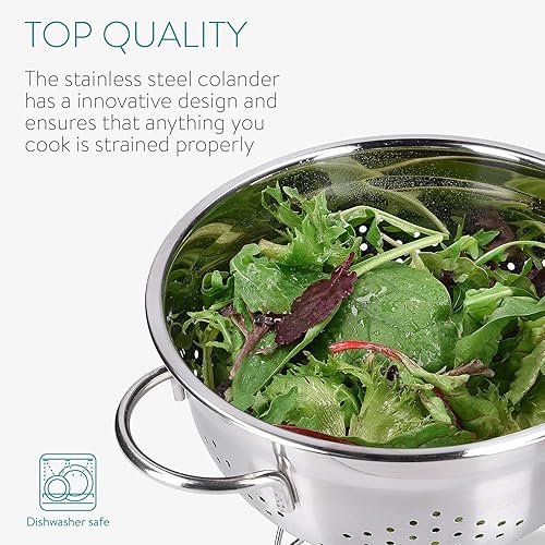 Miniatura 5 de Navaris Colador de acero inoxidable de 4.8L  5 cuartos de galón - Colador de metal con agujeros grandes y asas para pasta, espaguetis, verduras,