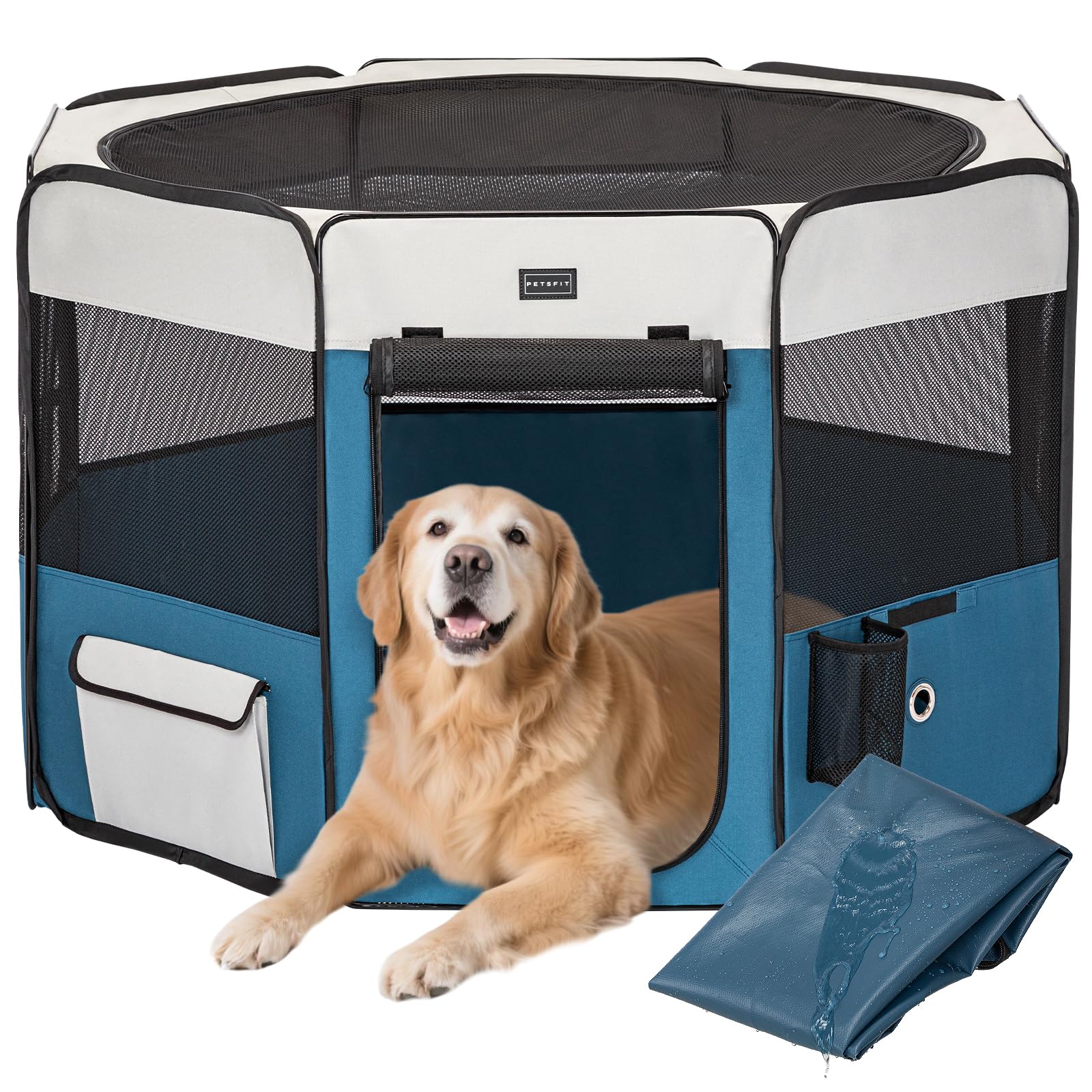 PETSFIT Dog Pen Indoor, Anti-Leakage Bottom, Foldable, Collapsible Puppy Play Pen, Chewproof Design, Dog Playpen Indoor, 116 × 105 × 61 cm，Blue