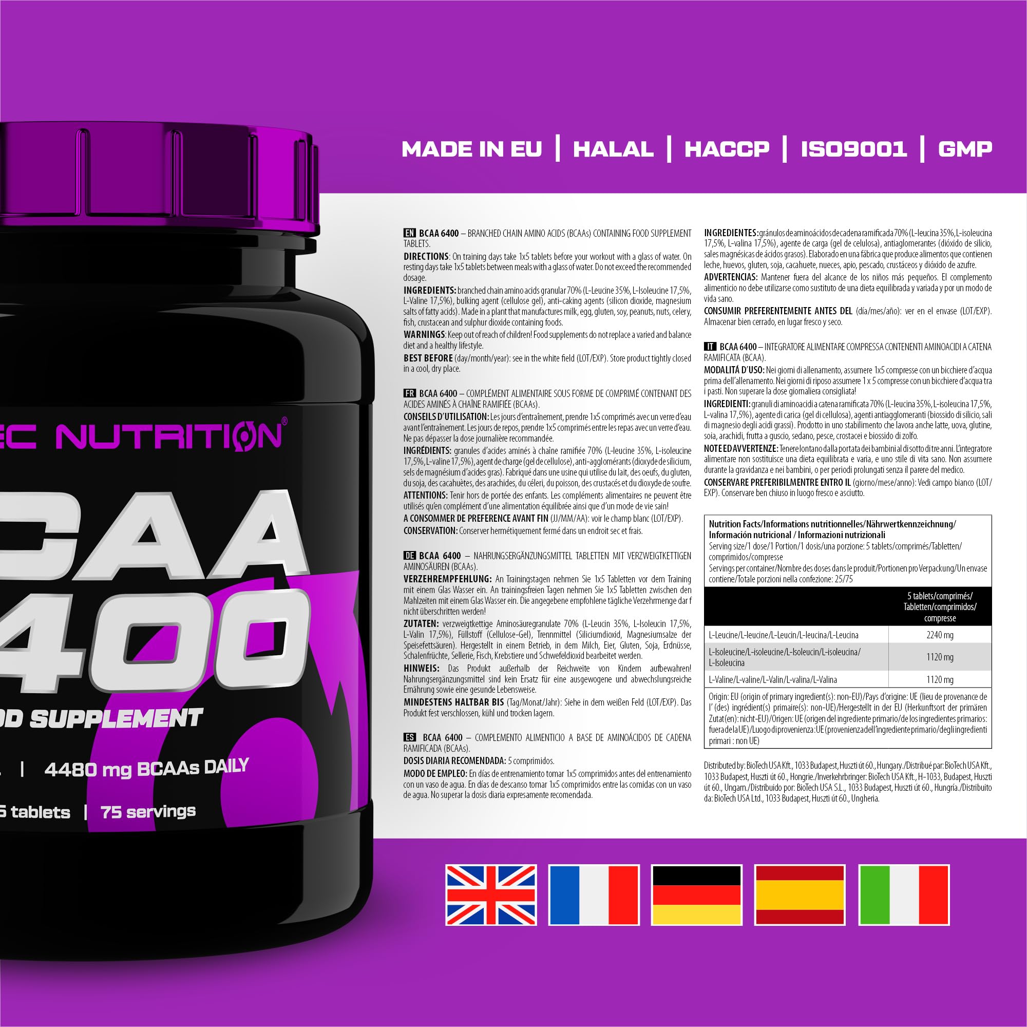 Scitec Nutrition BCAA 6400 - BCAAs de alta potencia en proporción 2:1:1, 4480mg por día - Tabletas para hombres y mujeres - Ideal para atletas - Rendimiento y recuperación, 375 Tabletas