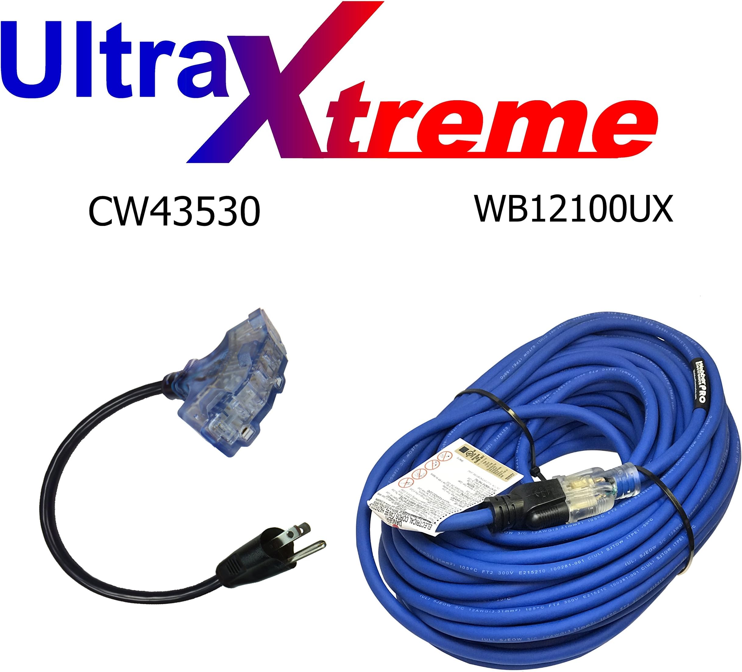 WB12100UX + CW43530 Triple Block Adapter UltraXtreme 100FT Hi-Flex Illuminated Extension Cord 12AWG SJEOW Blue / With Frigid Flex Technology (Cord + Adapter)