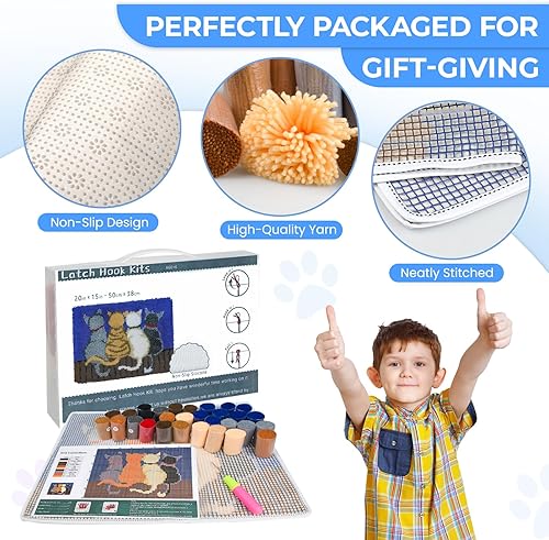 Miniatura 3 de EsLuker.ly Kit de alfombra de ganchillo para adultos, niños y principiantes, patrones de gatos preimpresos, kits de enganches de alfombra de hilo de