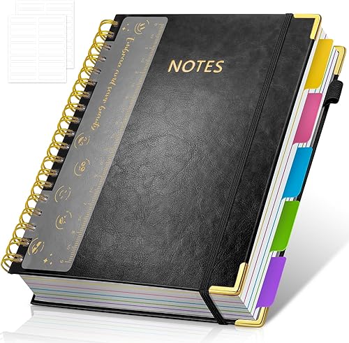 Cuaderno en espiral de tapa dura, cuadernos B5 grandes de 8 x 10 pulgadas con pestañas divisorias extraíbles, 300 páginas de cuero de 5 materias,